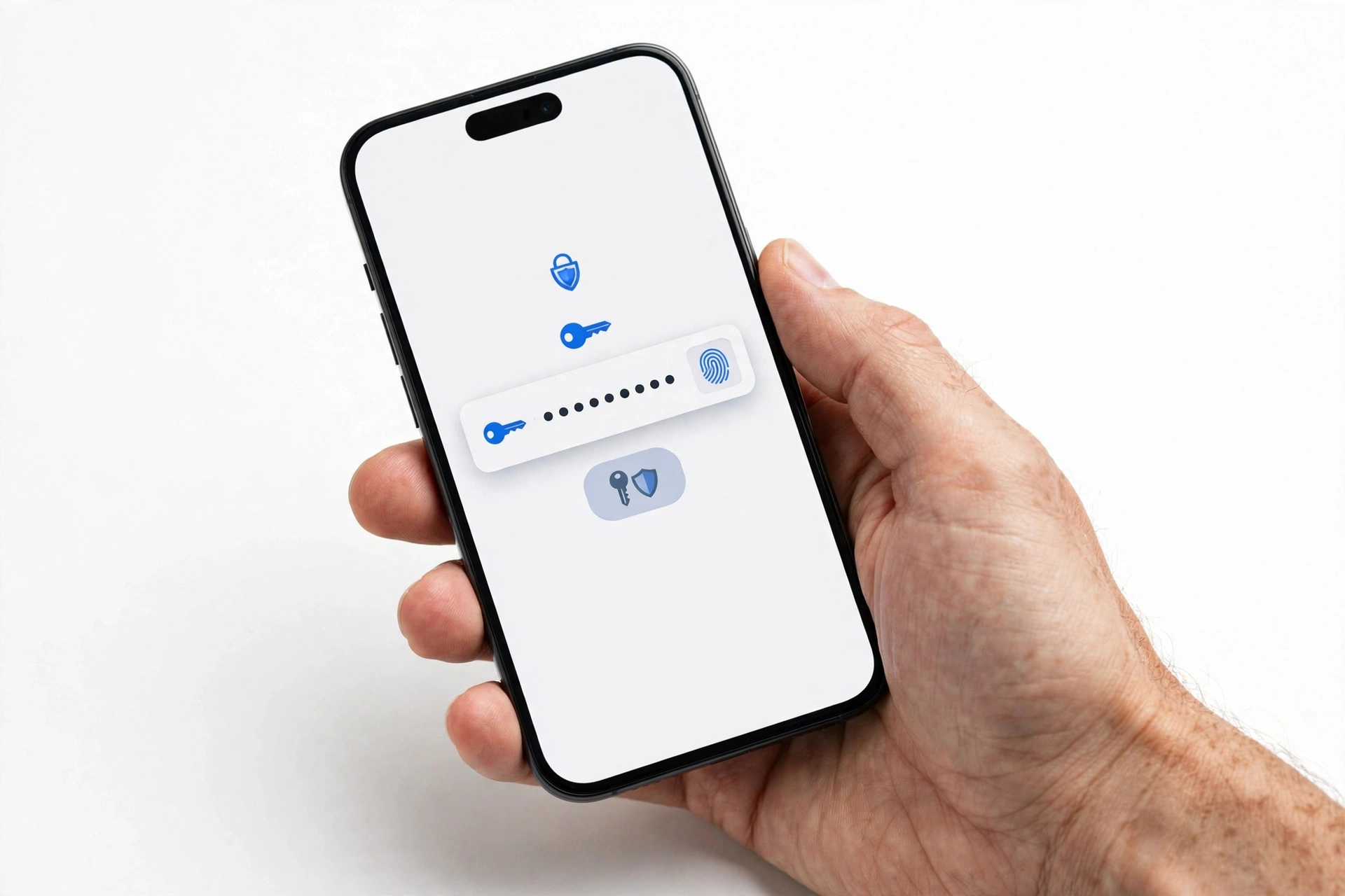 Hand holding a smartphone with a password autofill prompt on screen