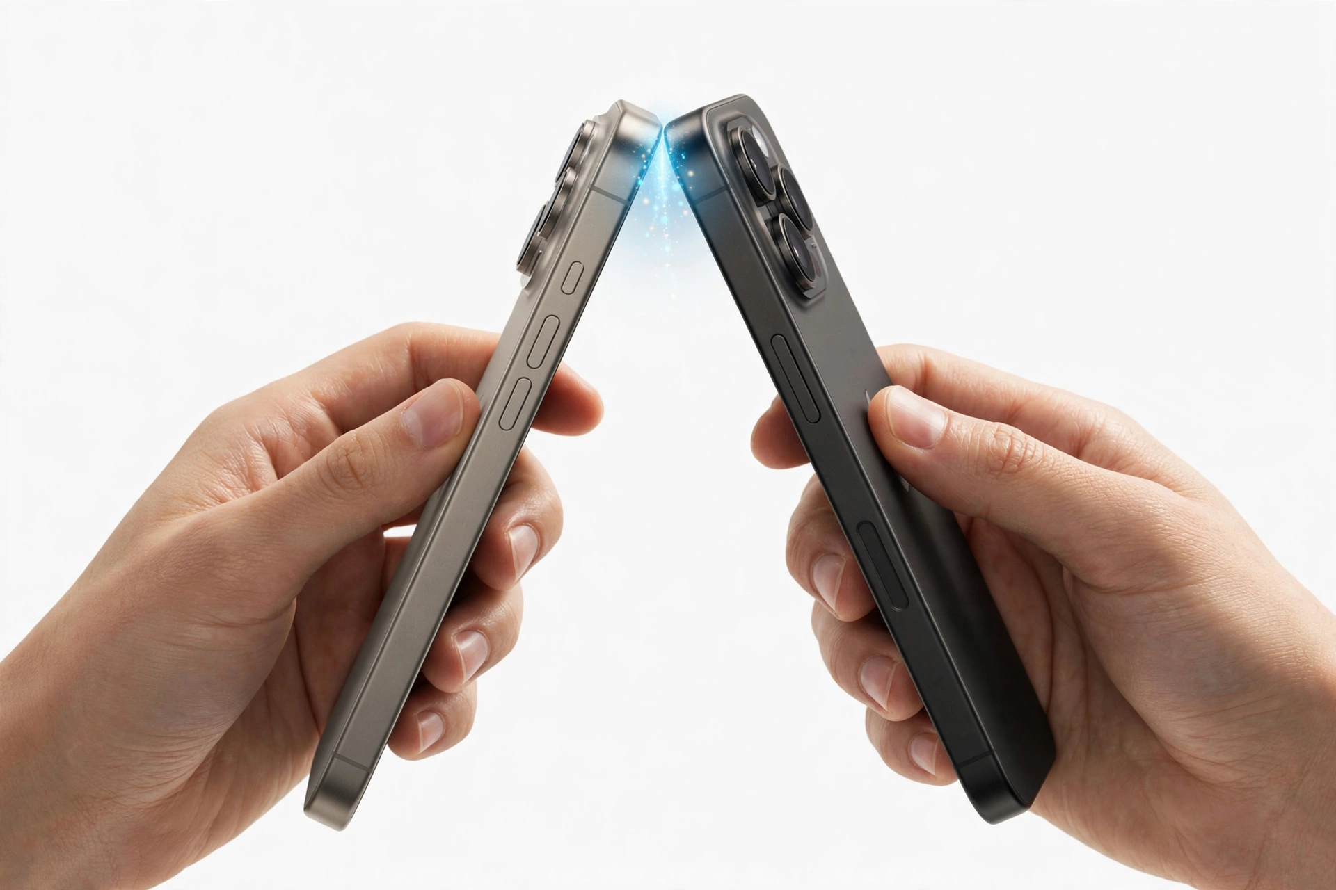 Two iPhones held close together sharing contact wirelessly