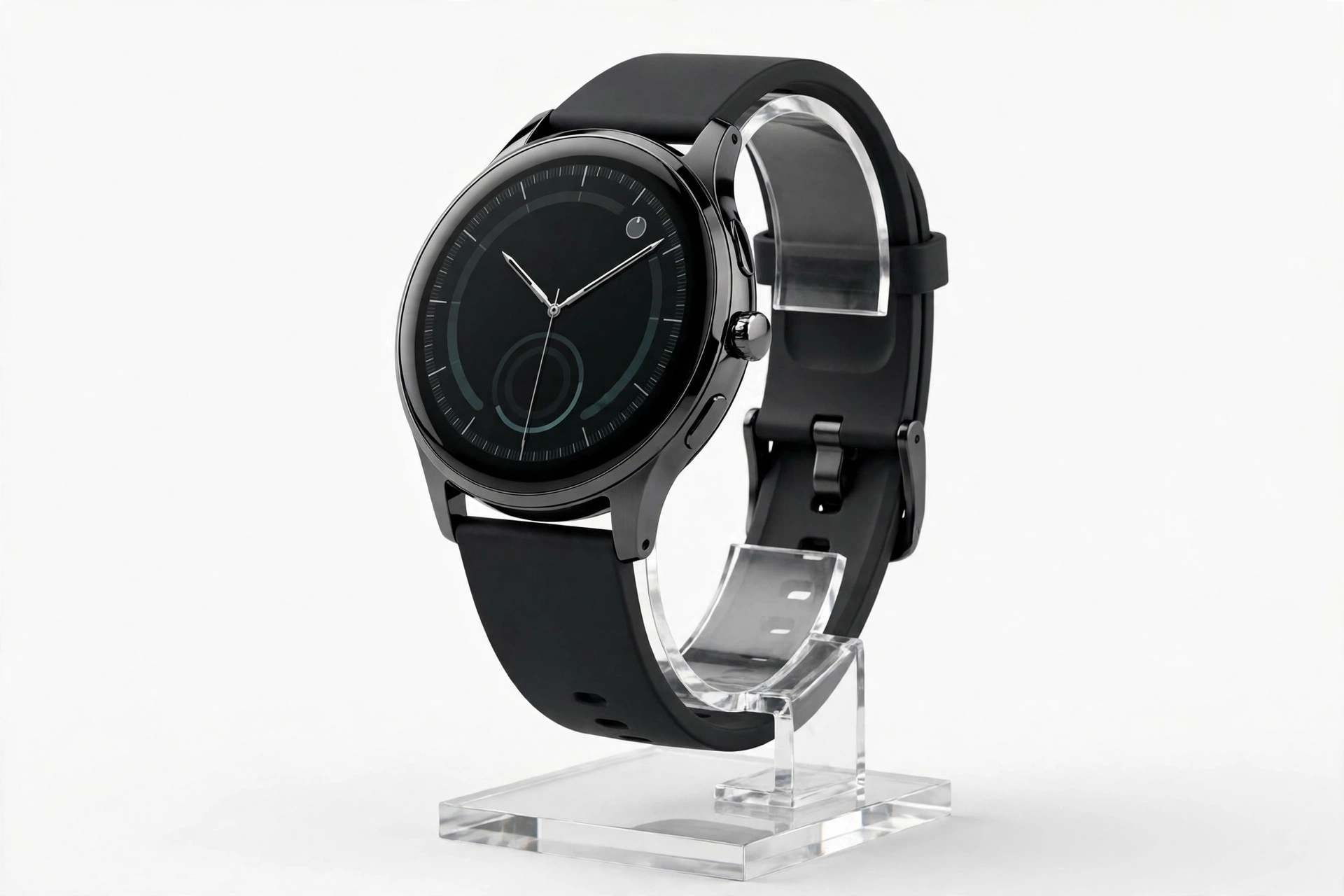 Premium round-face smartwatch on display stand
