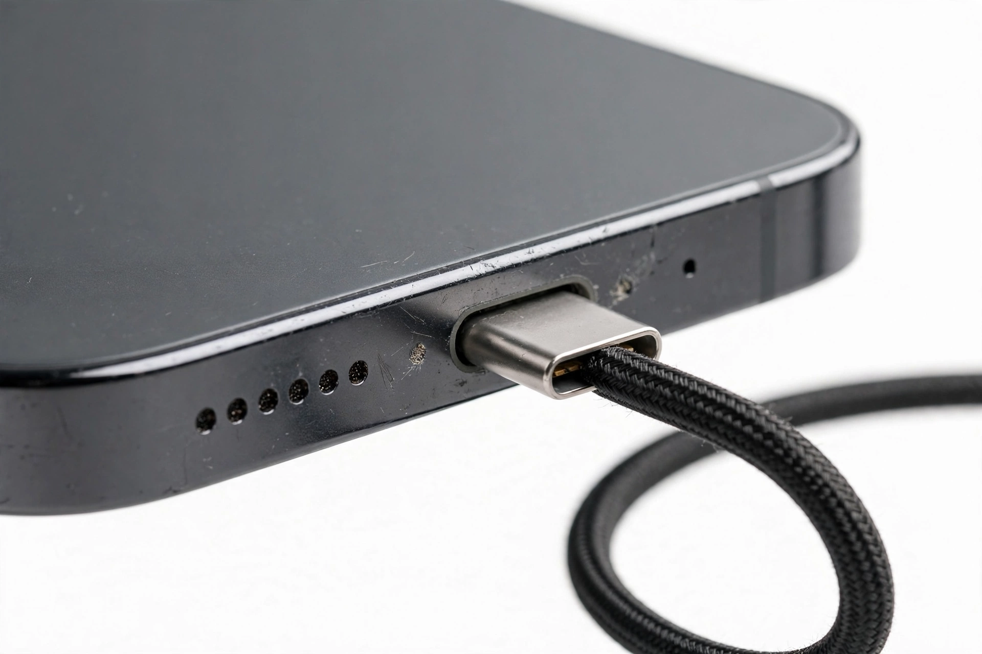 Macro close-up of smartphone charging port with loosely connected USB-C cable