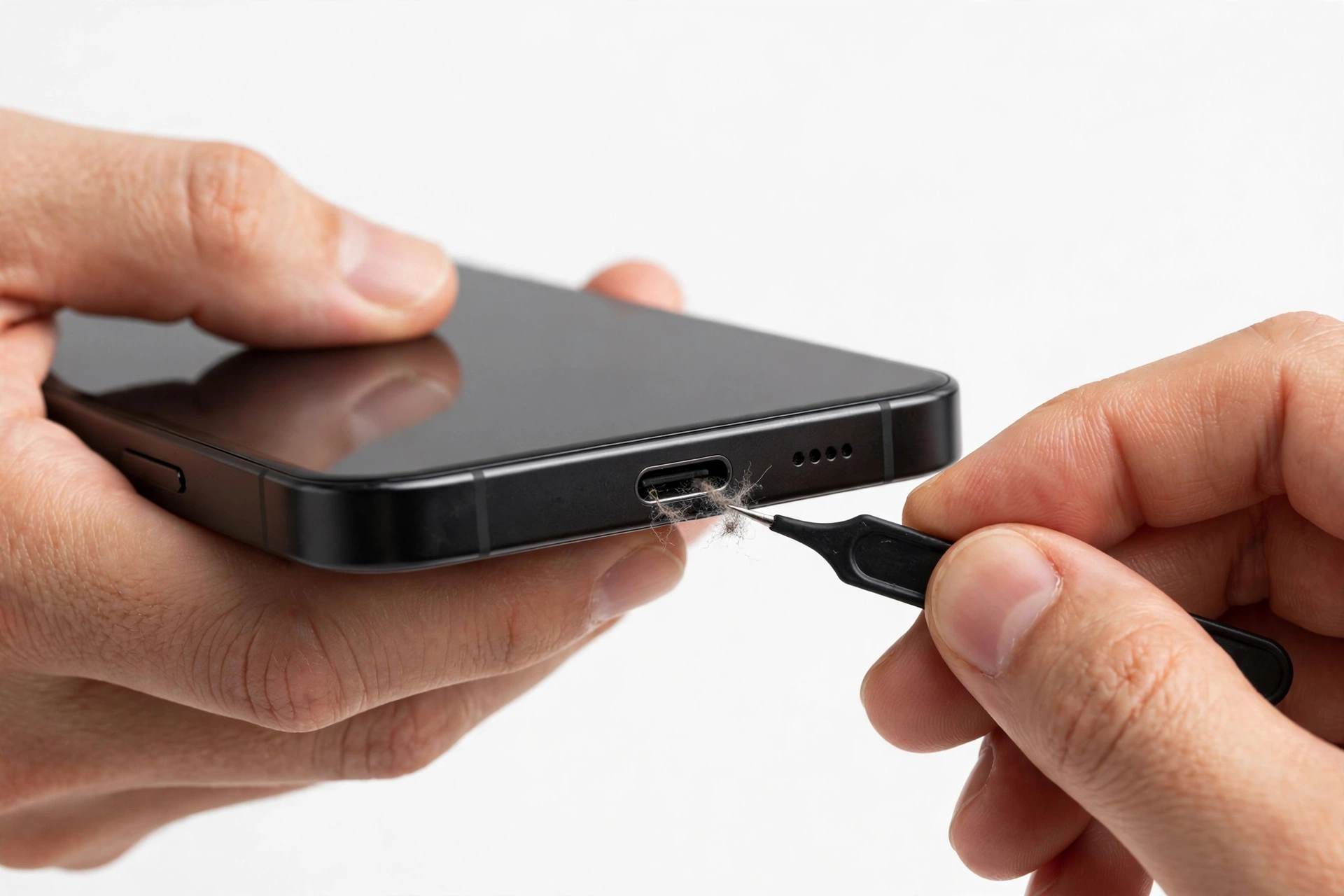 Hands inspecting smartphone charging port for lint and debris