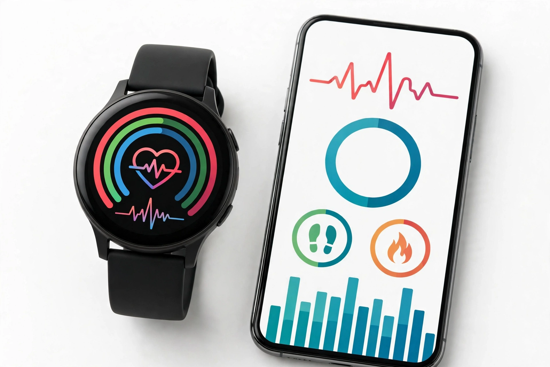 Round smartwatch next to a smartphone showing health and fitness tracking data