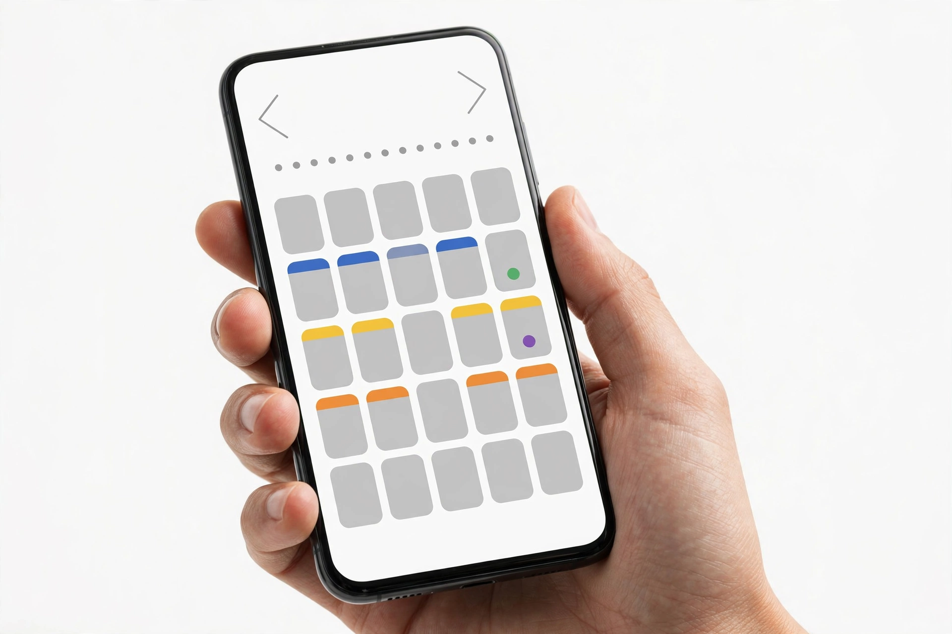 Hand holding a smartphone showing a calendar app with scheduled events