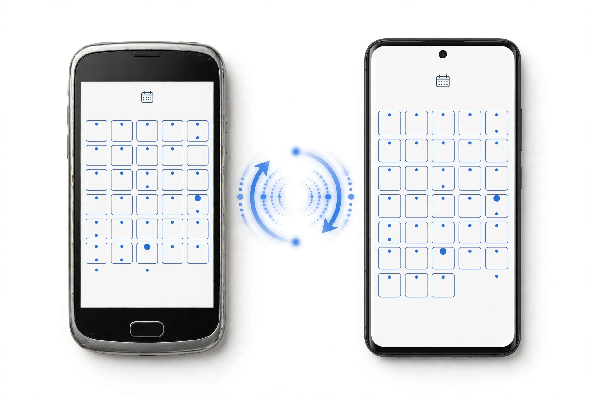 Two smartphones side by side wirelessly syncing calendar data