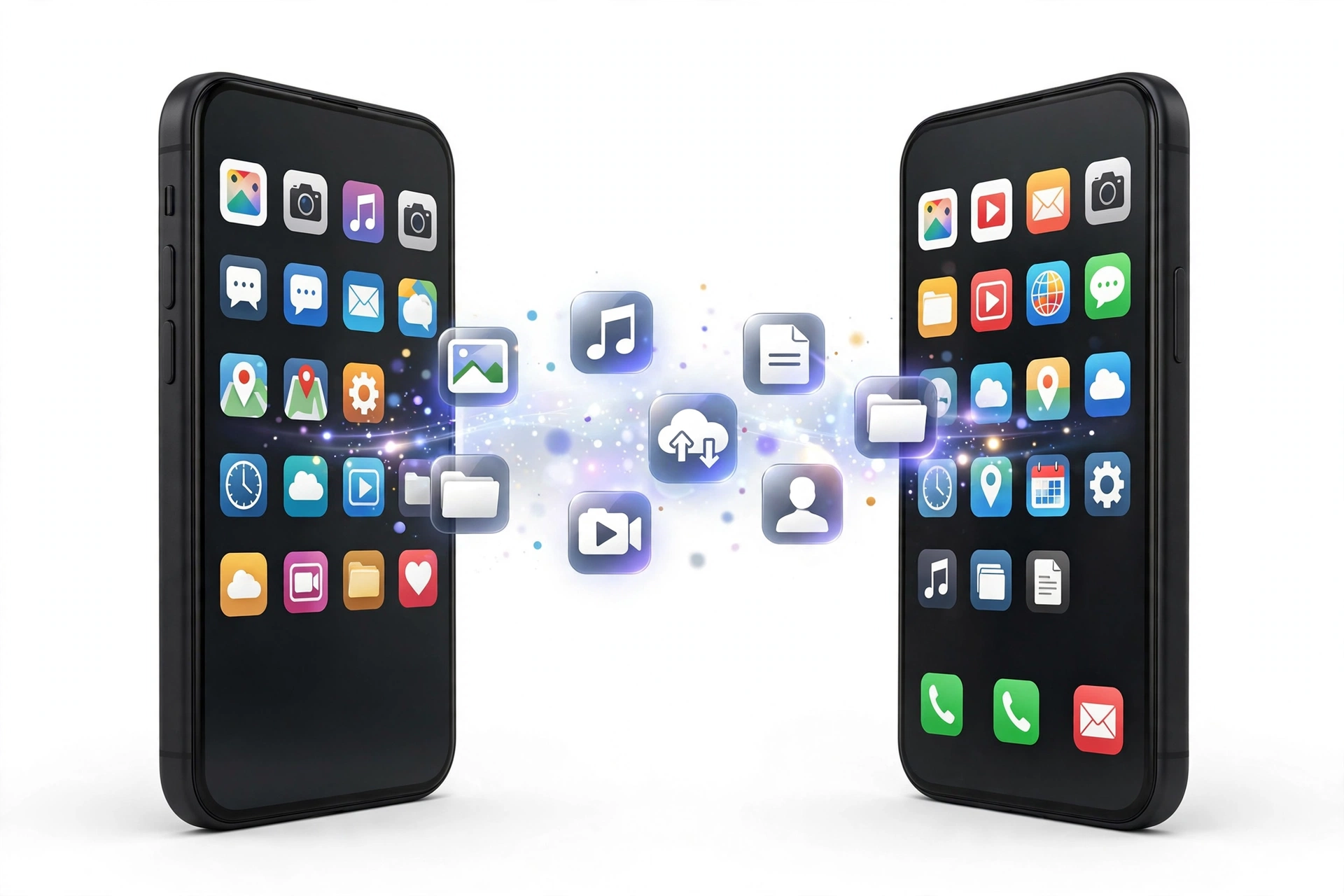 Two smartphones transferring app data wirelessly with floating app icons