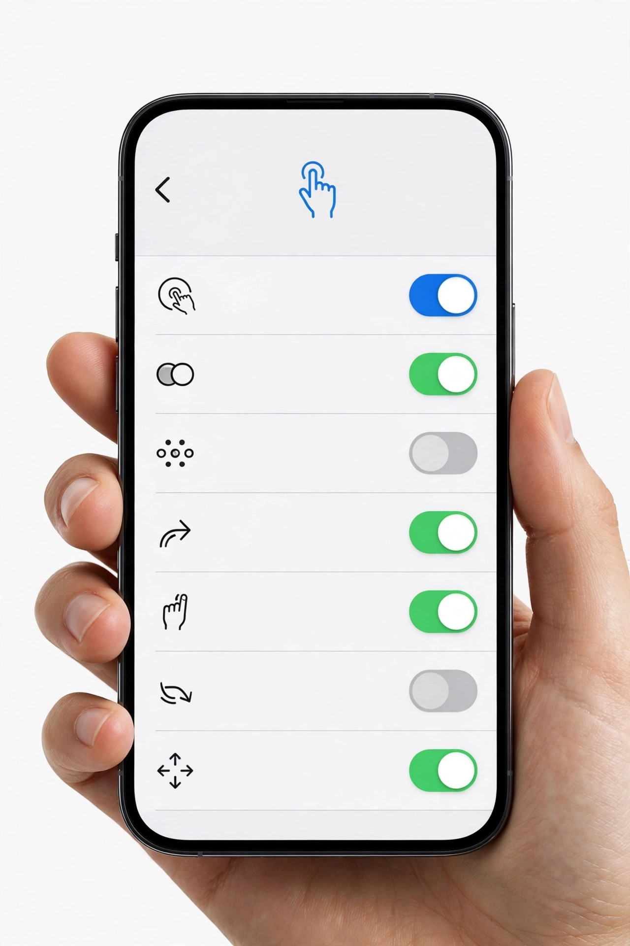 iPhone accessibility touch settings screen, hand holding phone