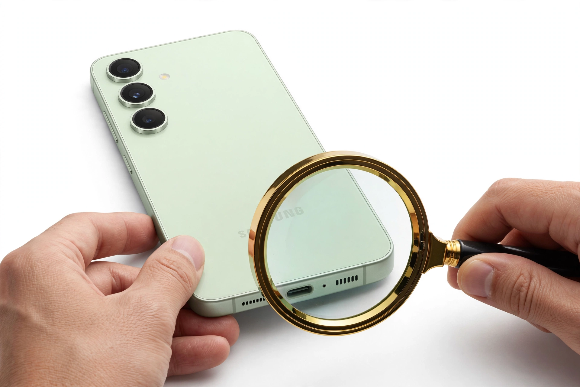 Hands examining Samsung Galaxy smartphone with magnifying glass for authenticity