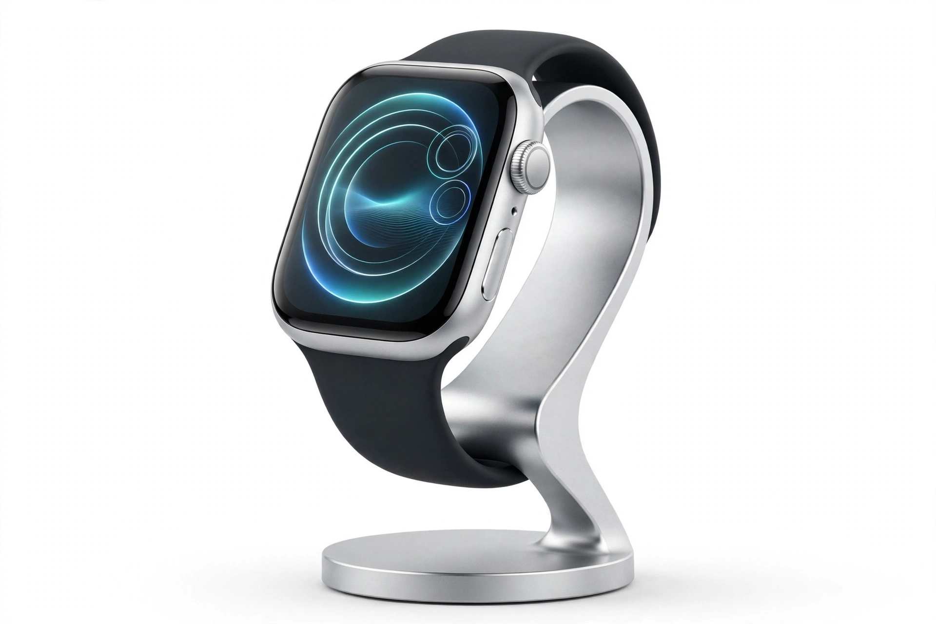 Premium smartwatch concept with edge-to-edge display on a stand