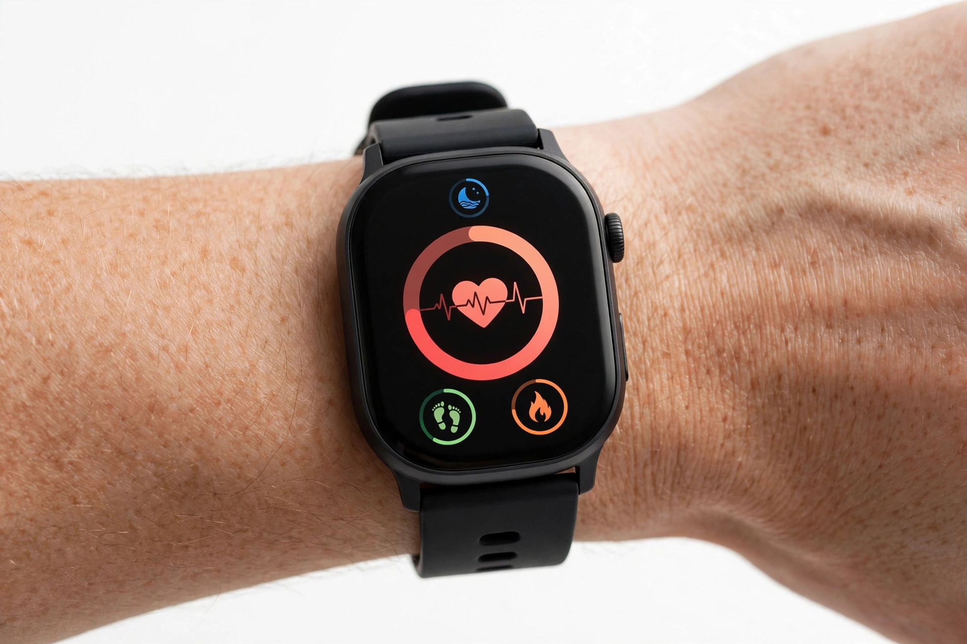 Smartwatch on wrist showing health metrics on display