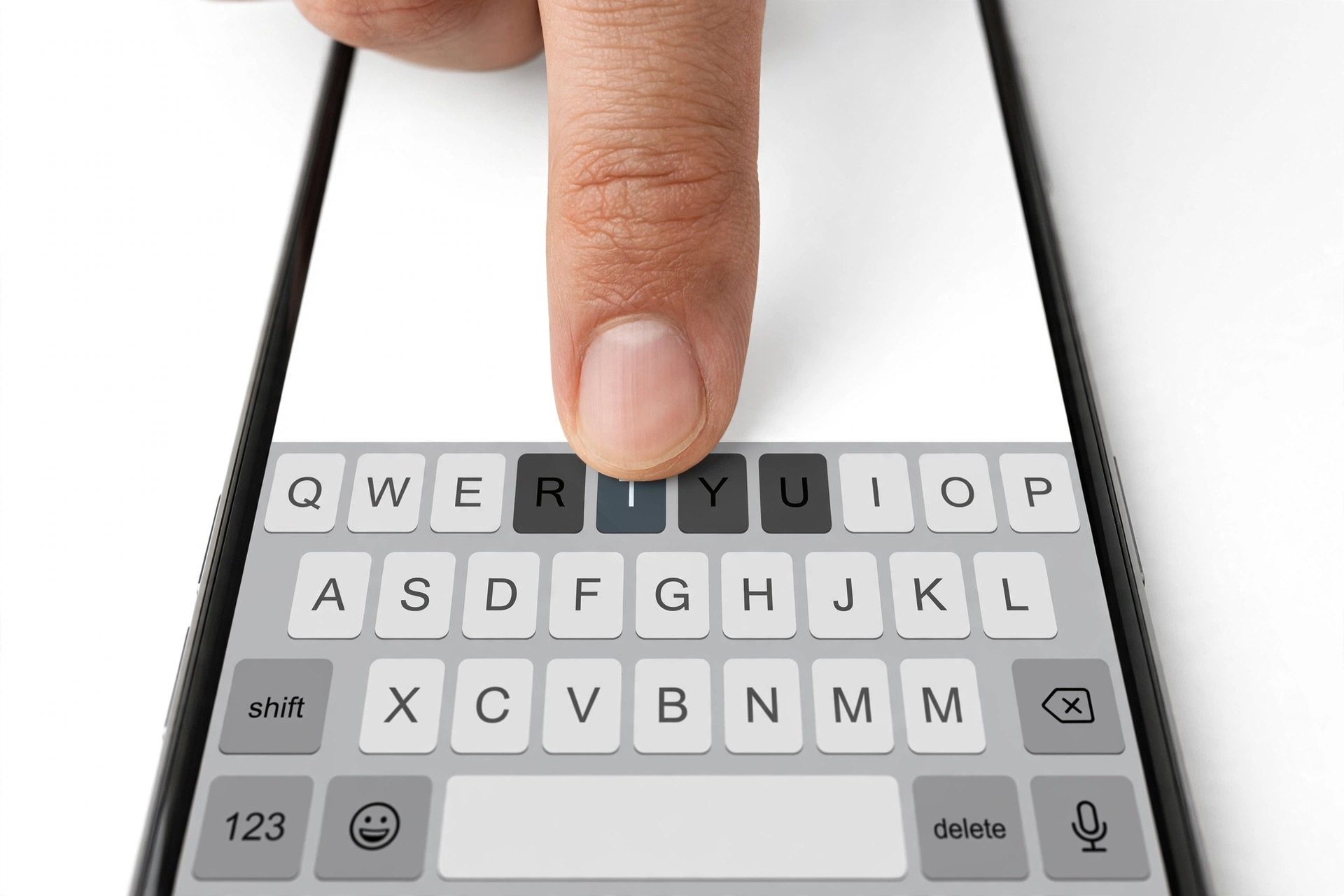 Close-up of smartphone on-screen keyboard with finger typing, troubleshooting unresponsive keys