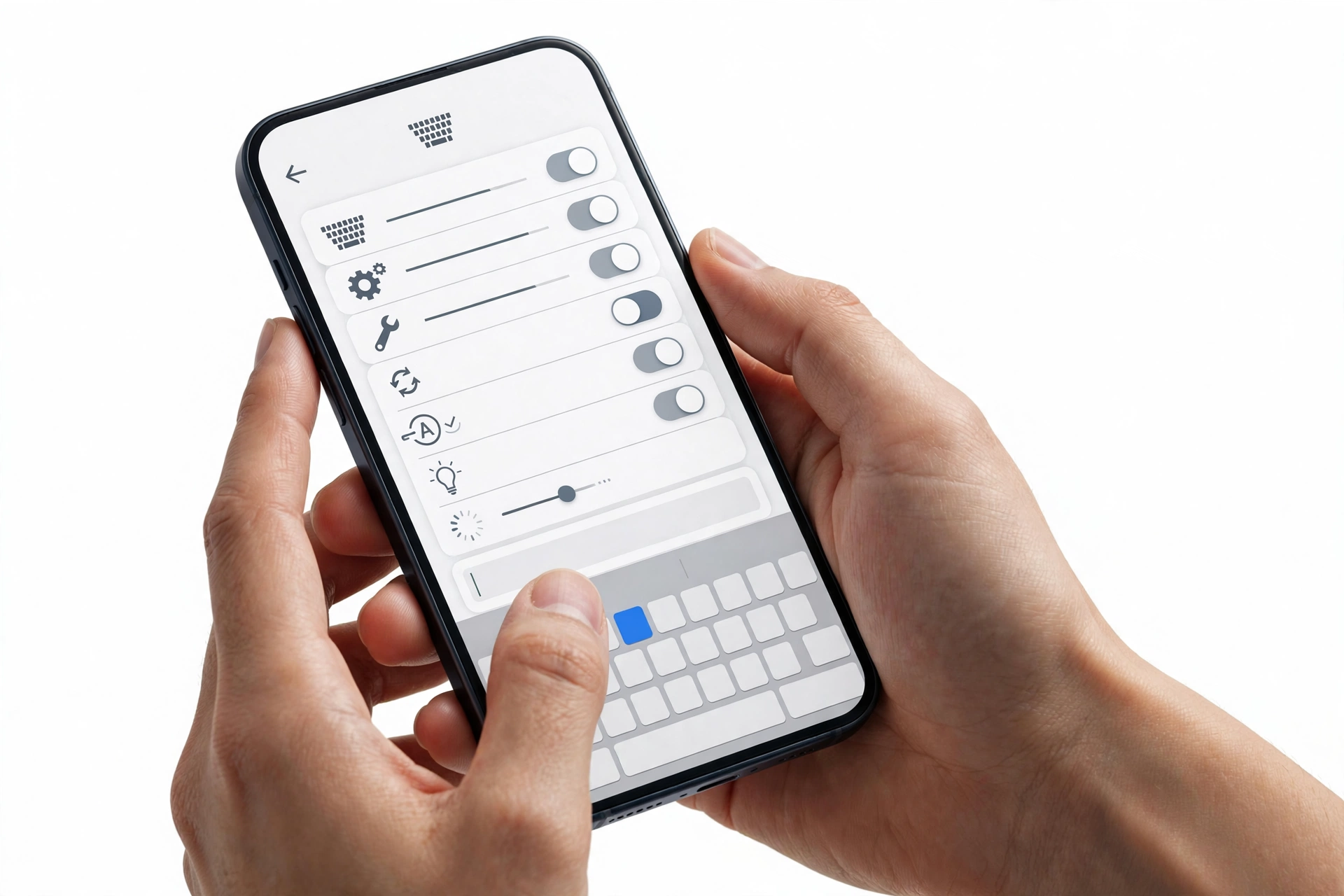 Hands holding smartphone testing keyboard input settings