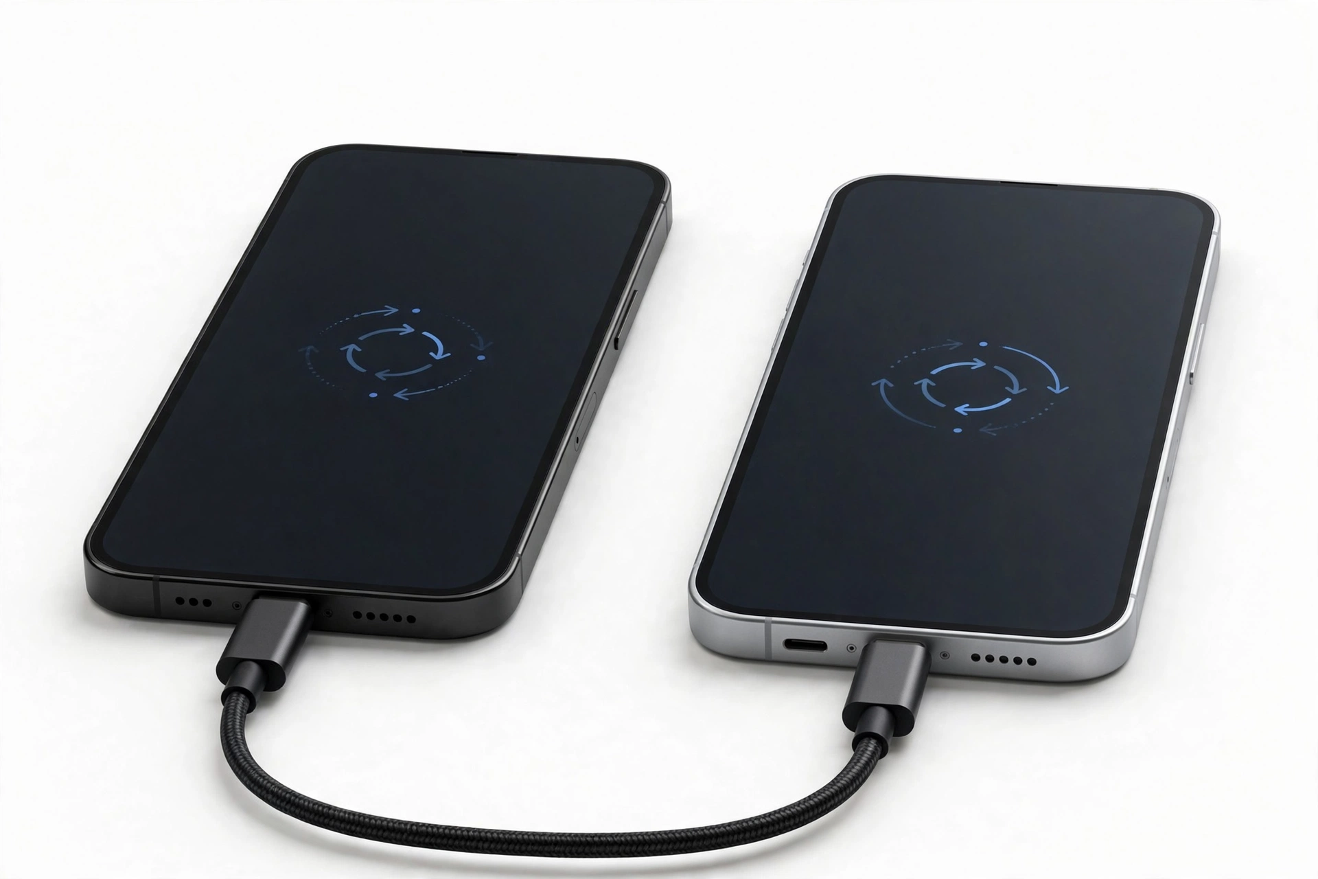 Two smartphones connected by cable transferring data