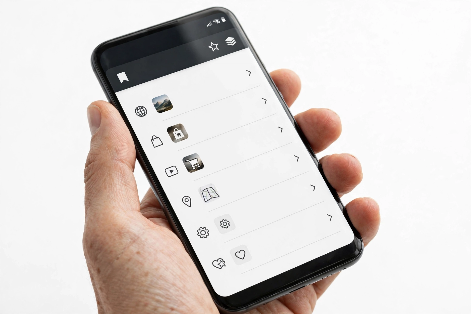 Smartphone showing a web browser bookmarks list
