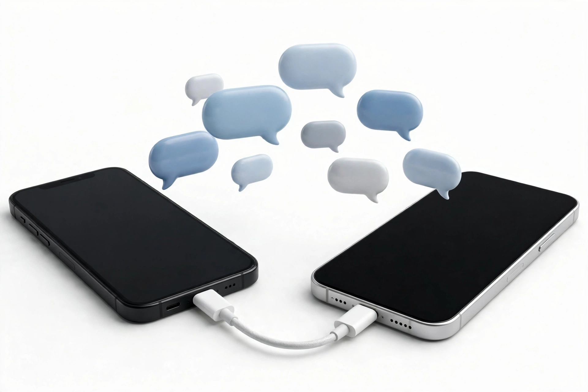 Two phones connected by cable transferring SMS history