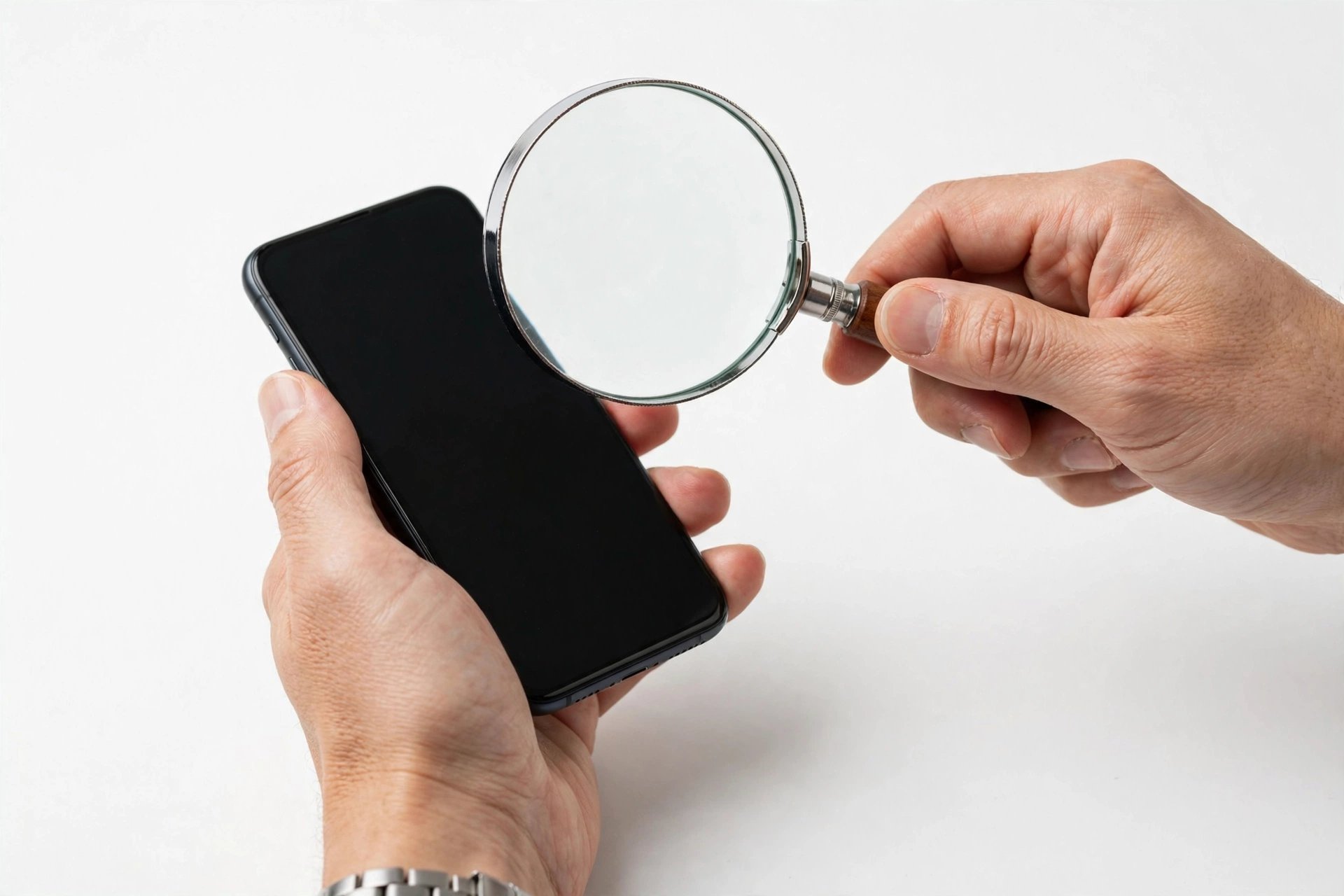 Examining a smartphone with magnifying glass for authenticity