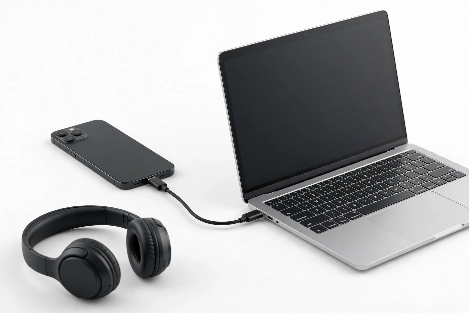 Smartphone connected to a laptop with headphones for music transfer