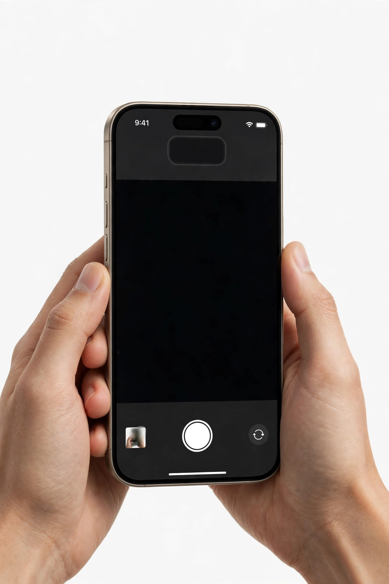 Hands holding an iPhone with the camera app open in photo capture mode