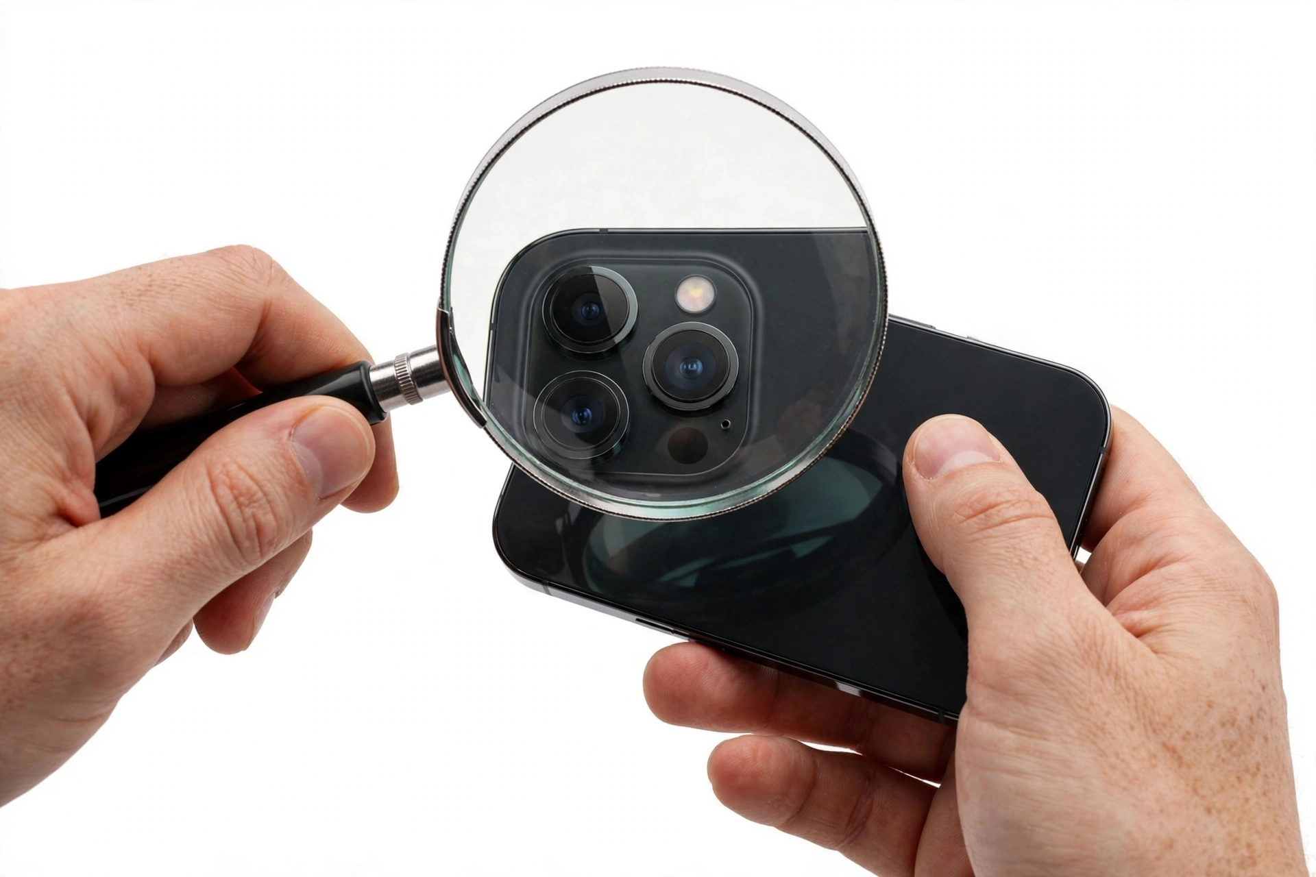 Hands examining a smartphone with a magnifying glass to verify authenticity