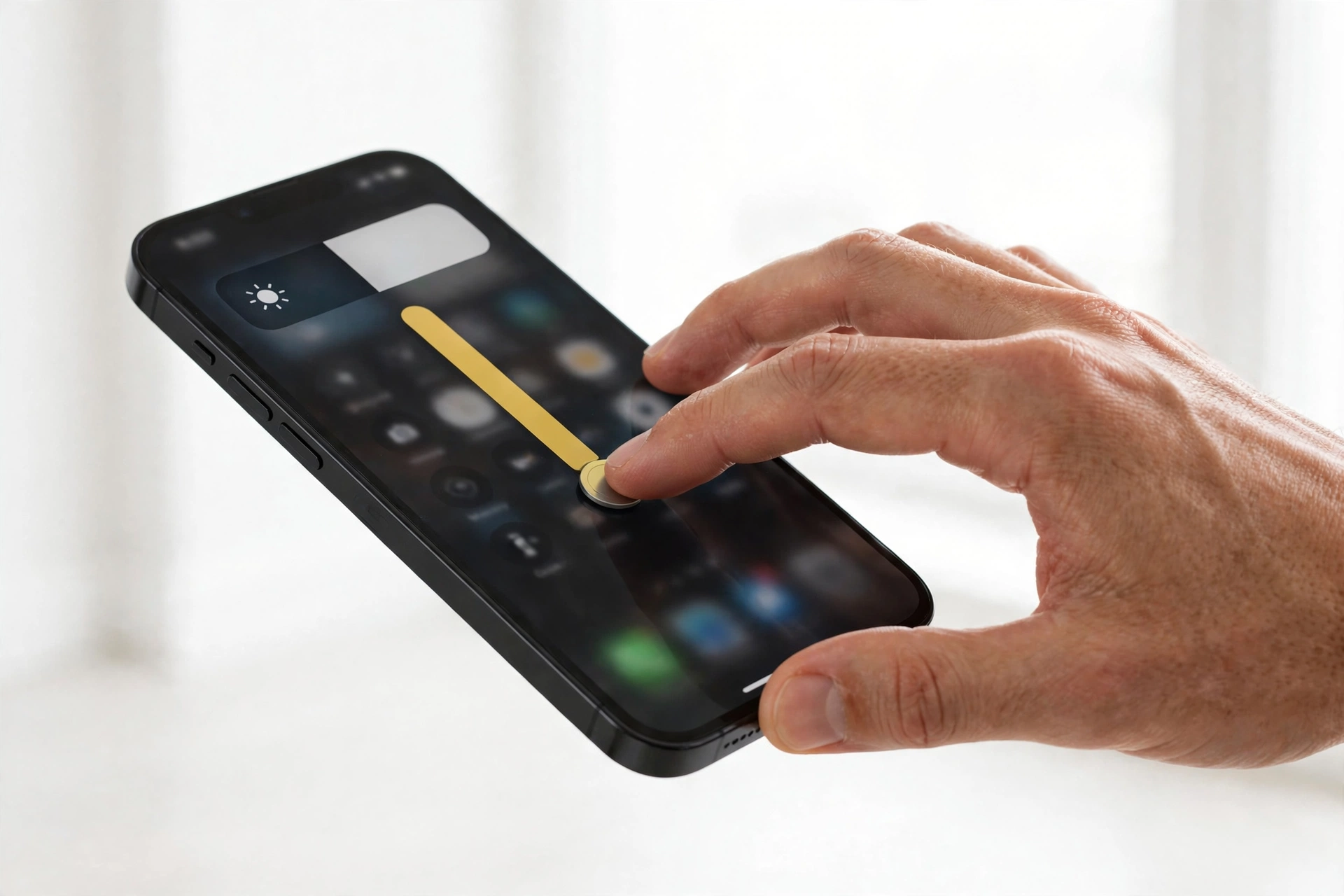 Hand adjusting smartphone screen brightness in a bright room