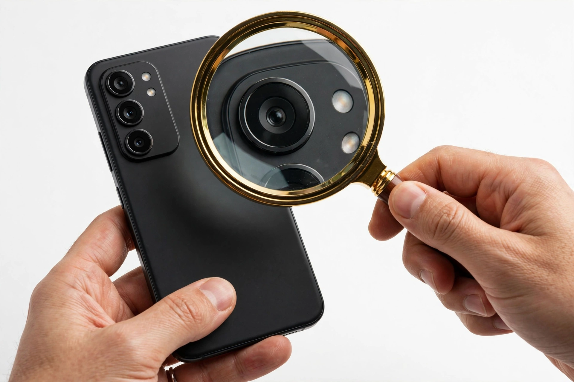 Hands examining a smartphone with a magnifying glass for authenticity