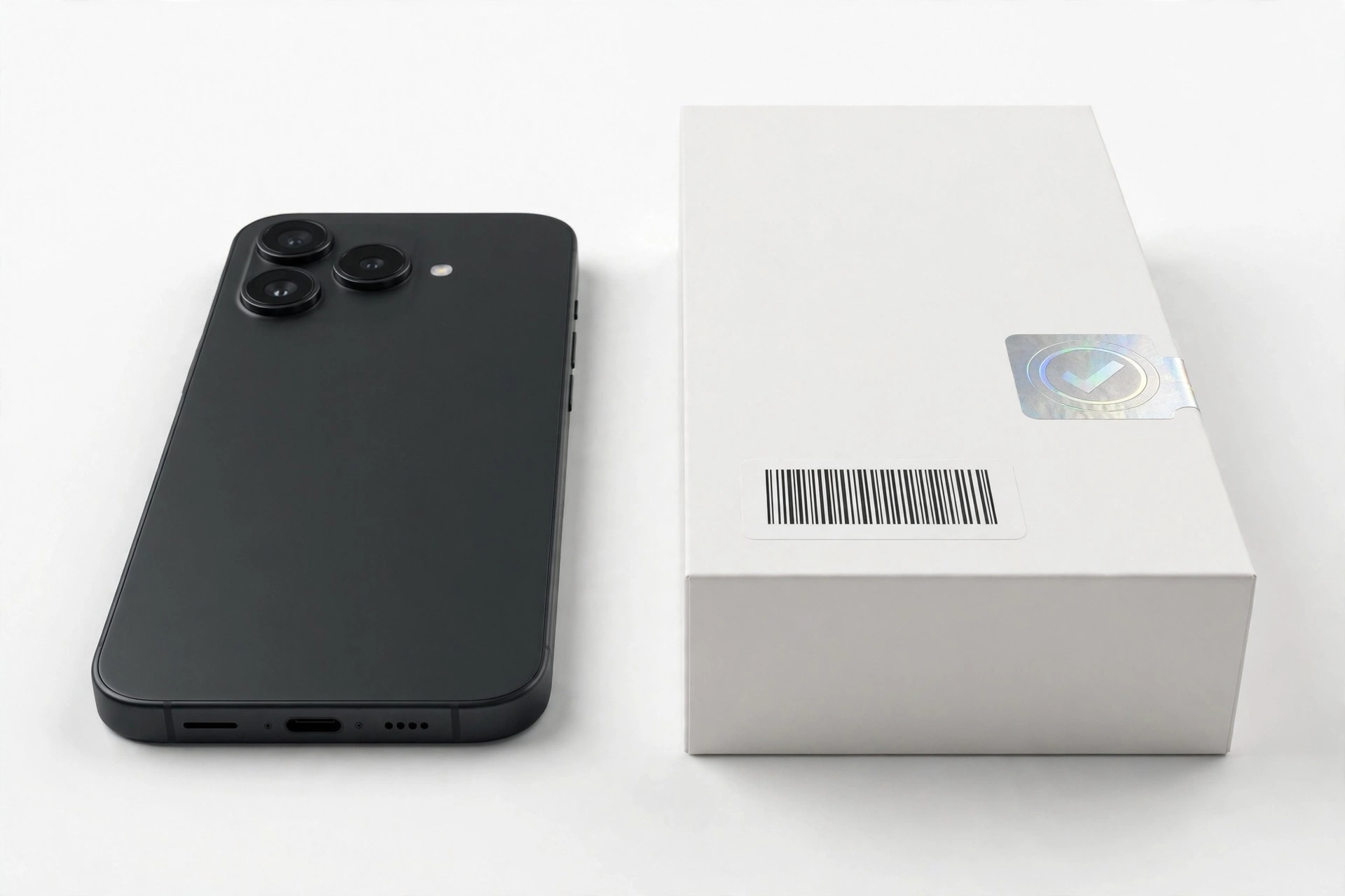 Smartphone next to its retail box with verification labels