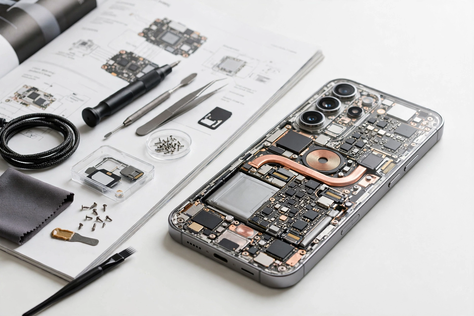 Smartphone with transparent back showing internal components on a desk