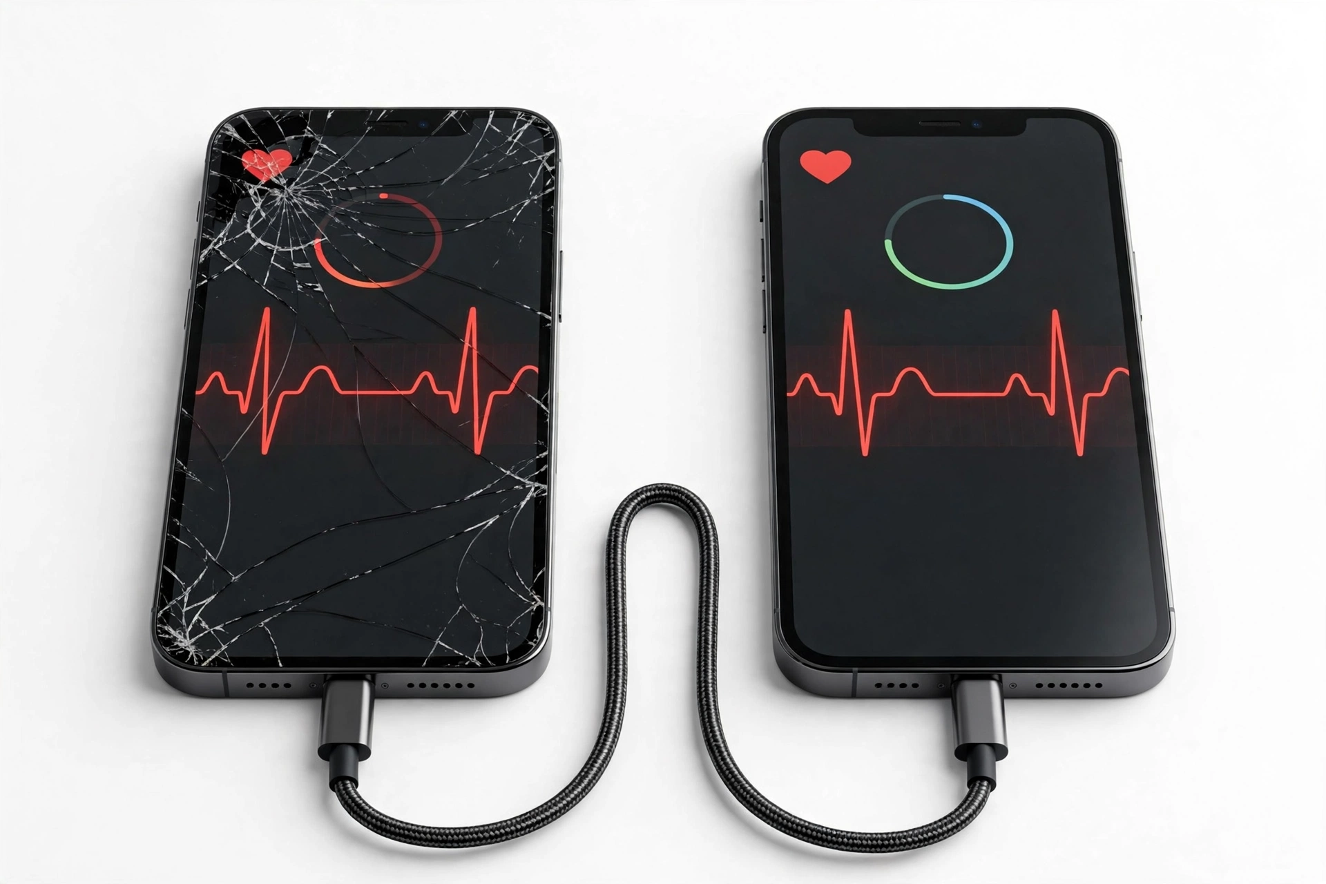 Two iPhones connected by cable transferring health data, one cracked