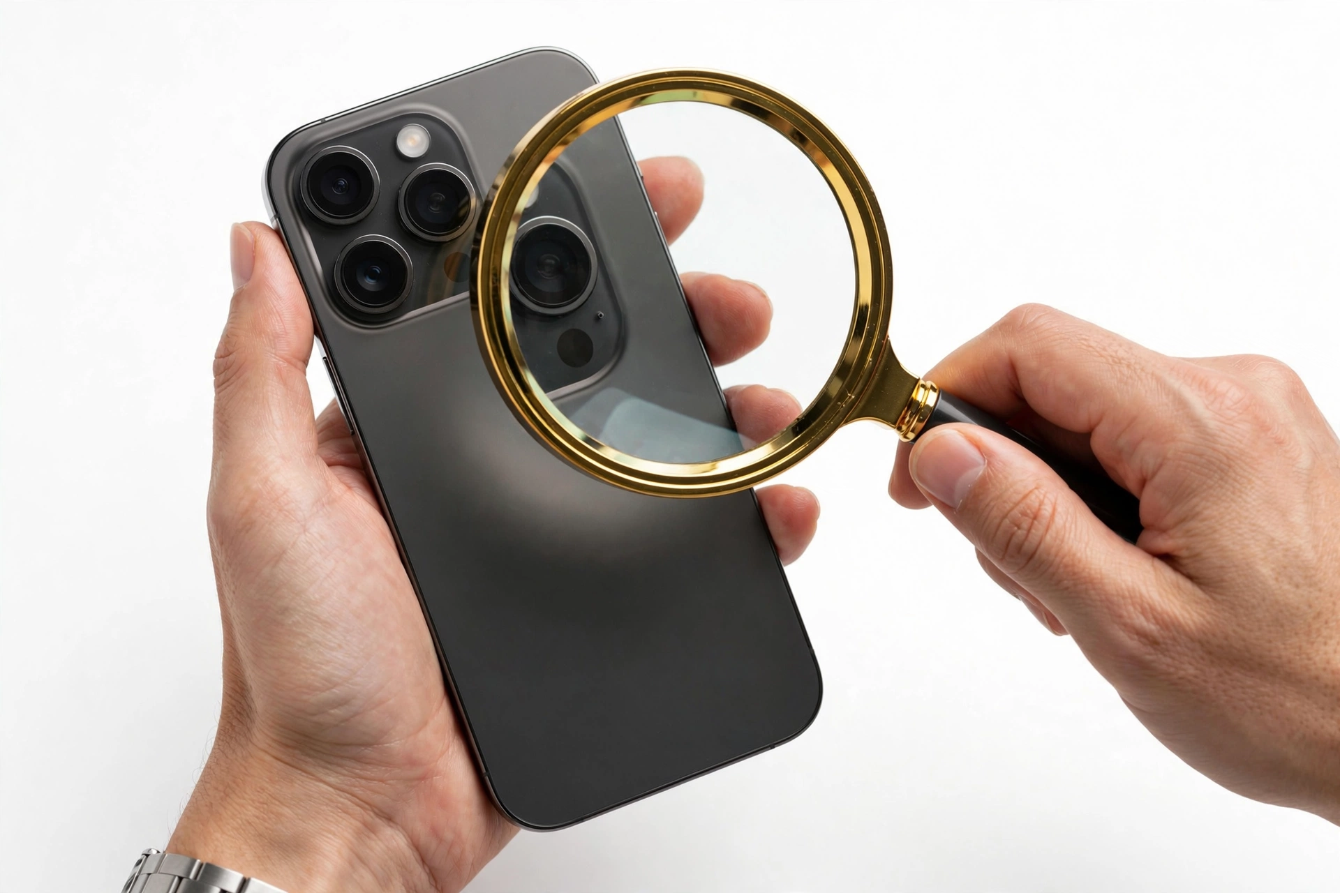 Hands examining a premium smartphone with a magnifying glass for authenticity