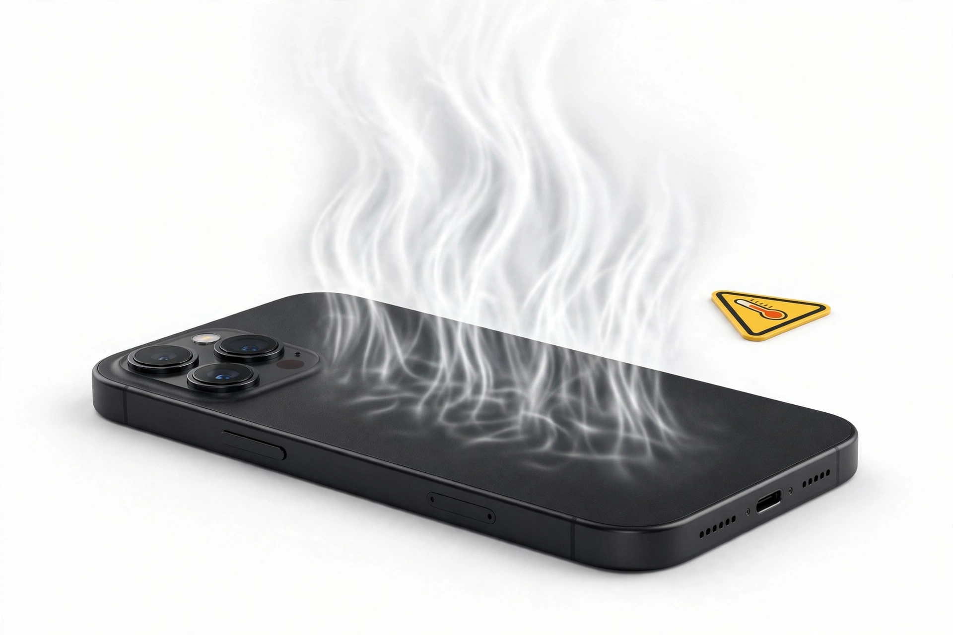 Smartphone overheating with heat waves rising, temperature warning nearby