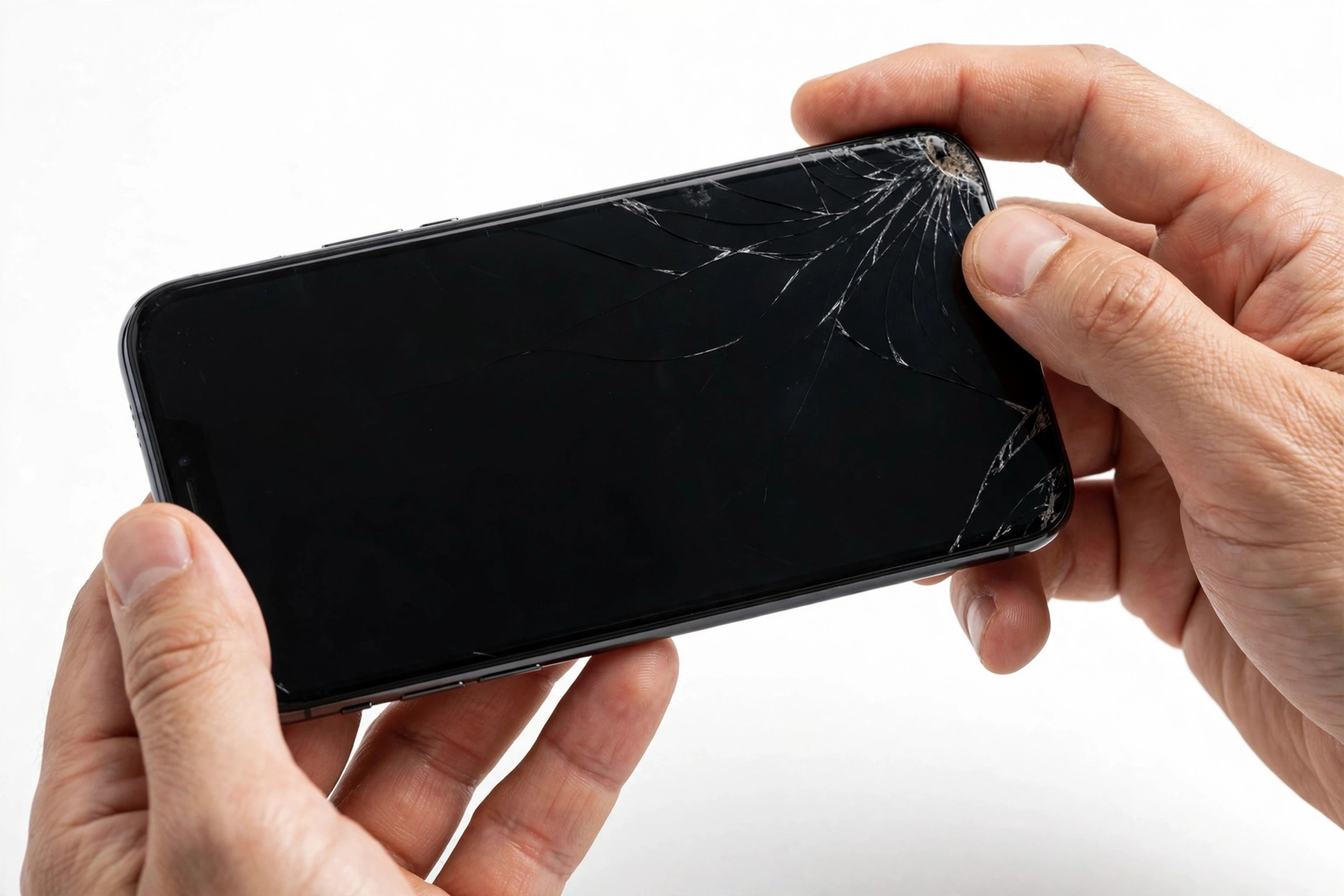 Hands holding and inspecting a smartphone with a black screen after a drop