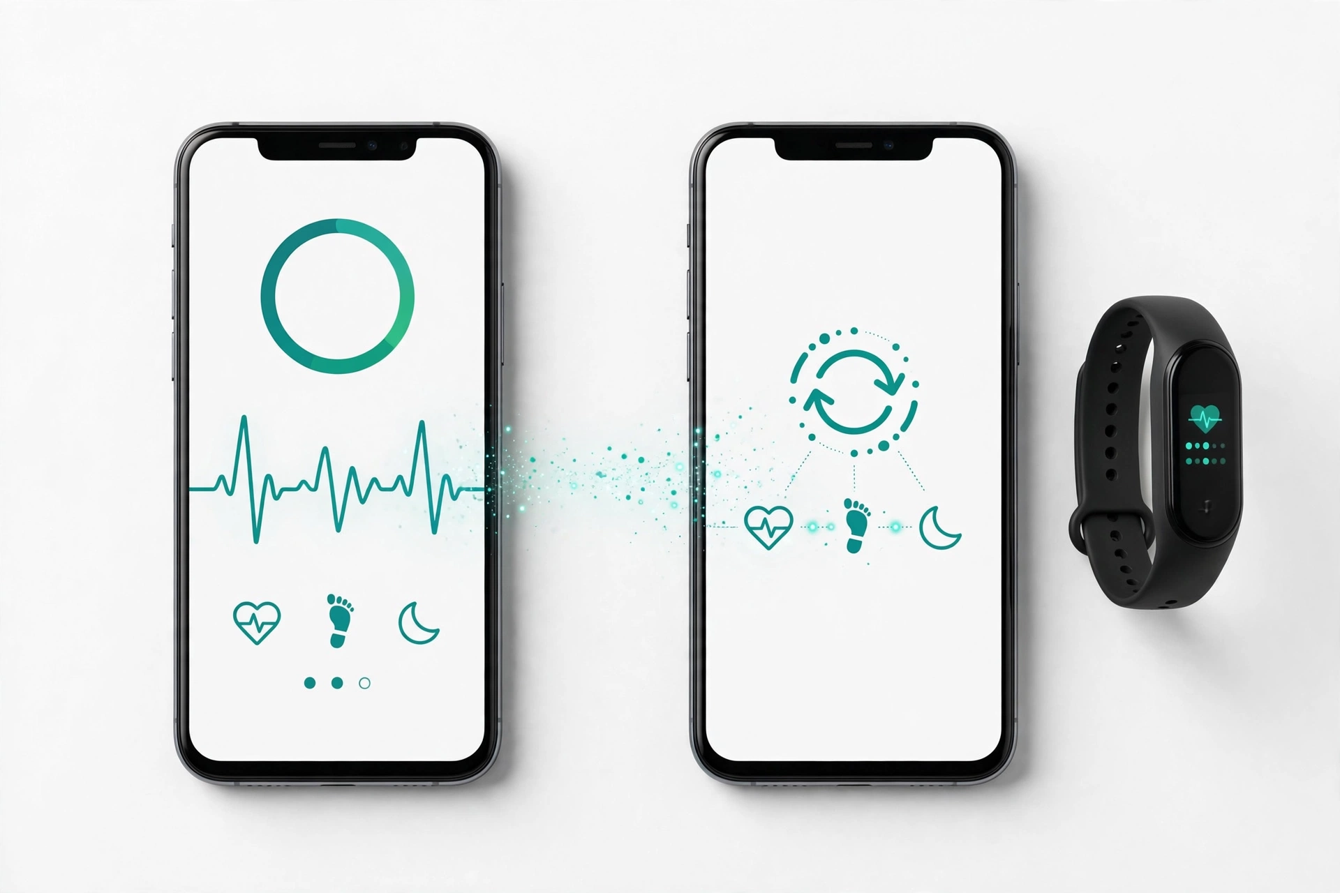 Two smartphones side by side transferring health app data with a fitness band nearby