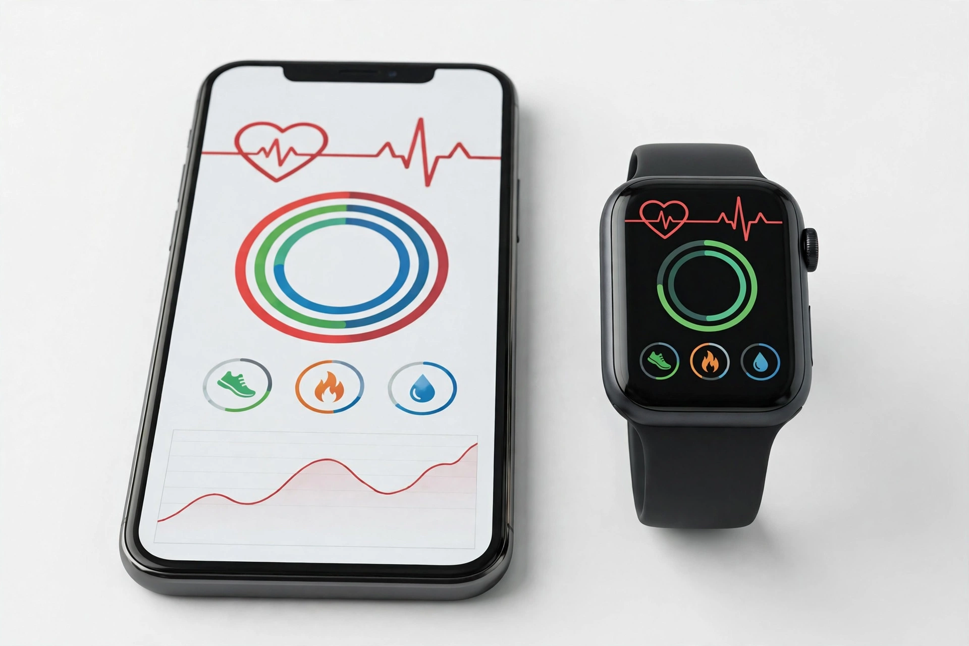 Smartphone displaying health tracking app with heart rate data next to a smartwatch