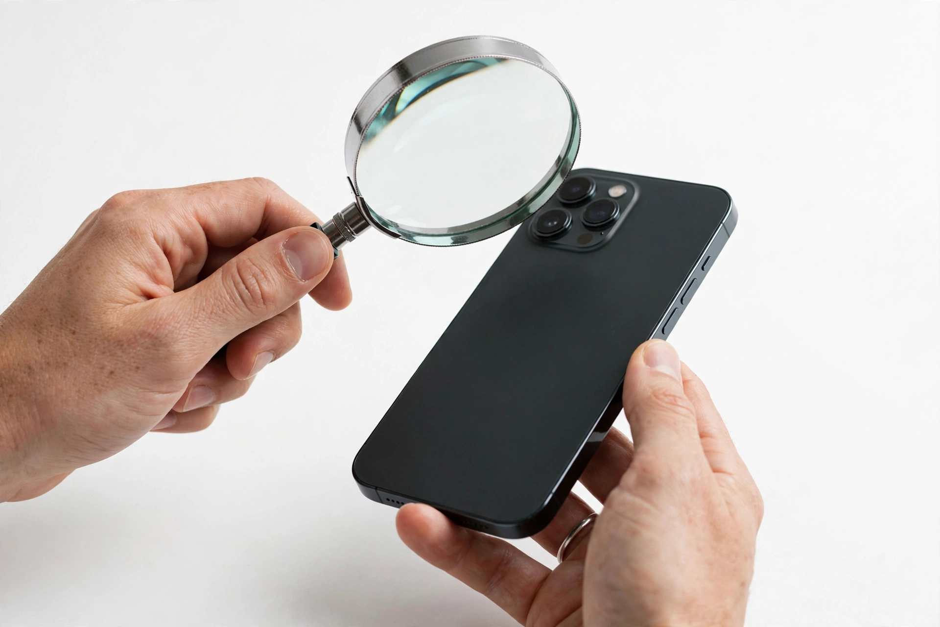 Examining a smartphone with a magnifying glass for authenticity verification