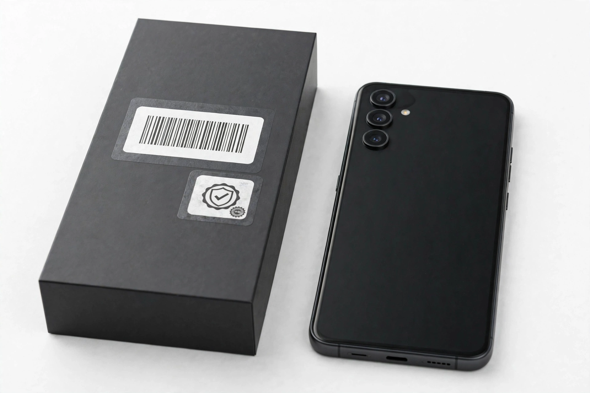 Smartphone next to its retail box with serial number verification labels