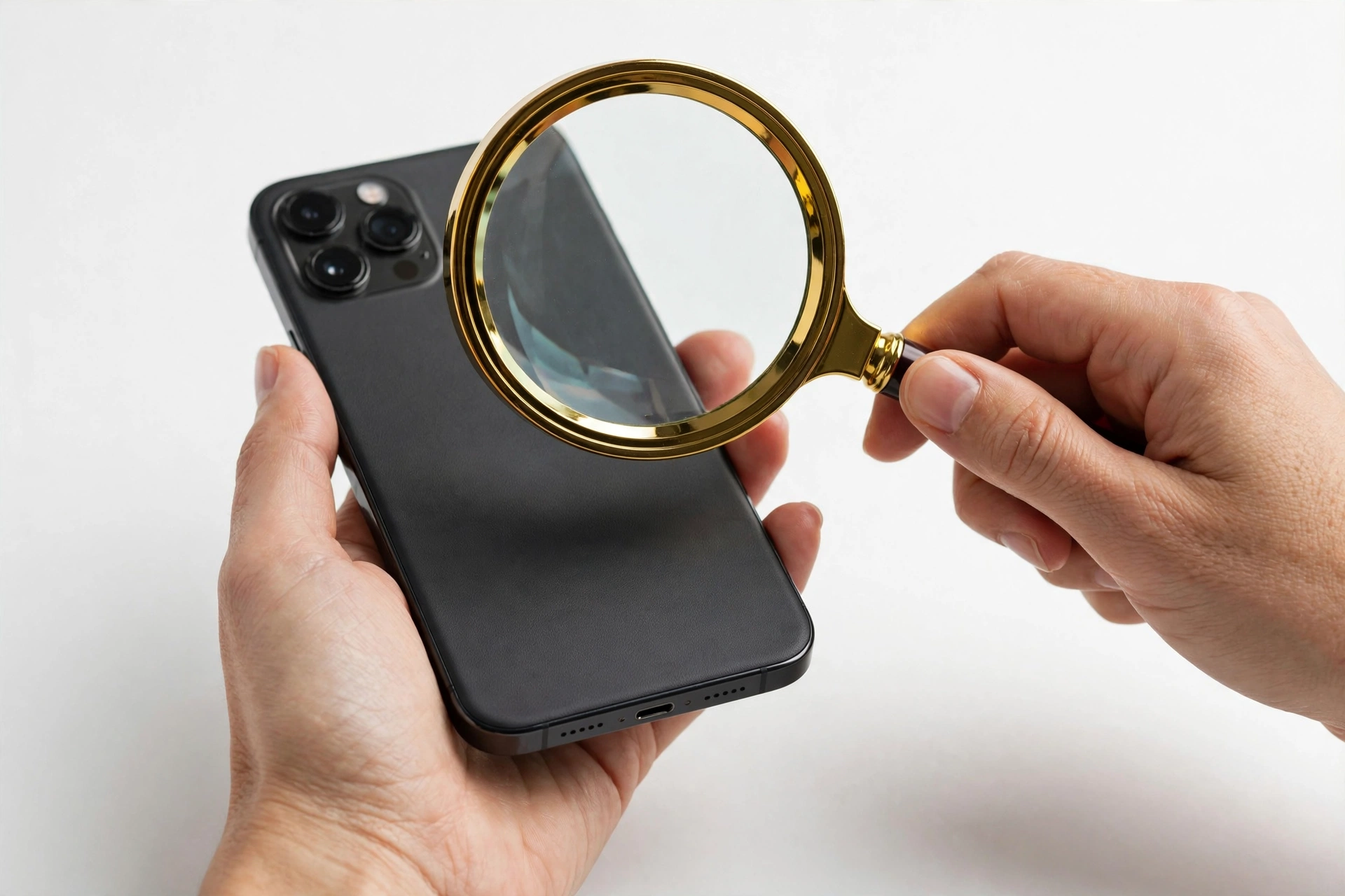 Examining a smartphone with a magnifying glass for authenticity verification