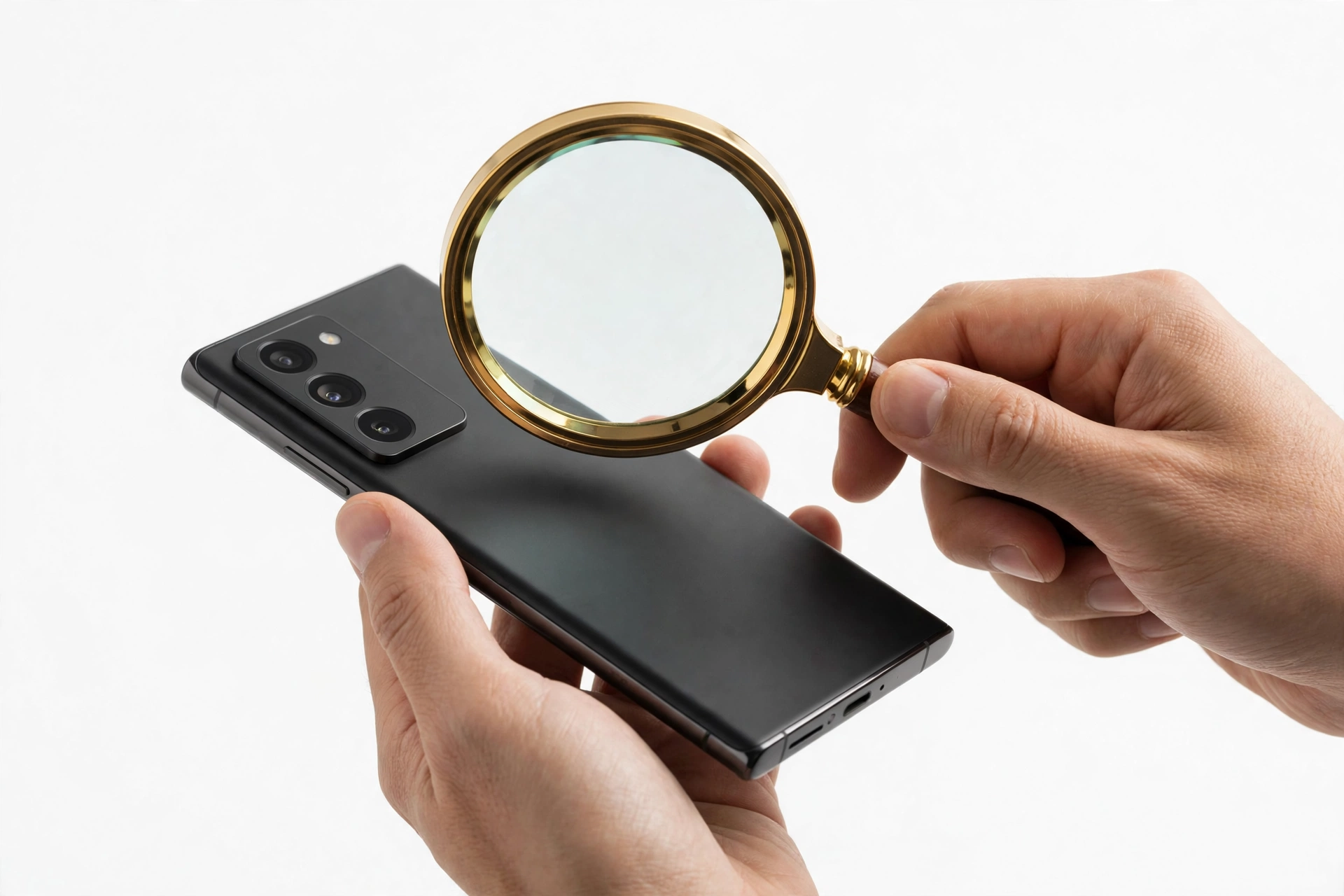 Hands examining a smartphone with a magnifying glass for authenticity