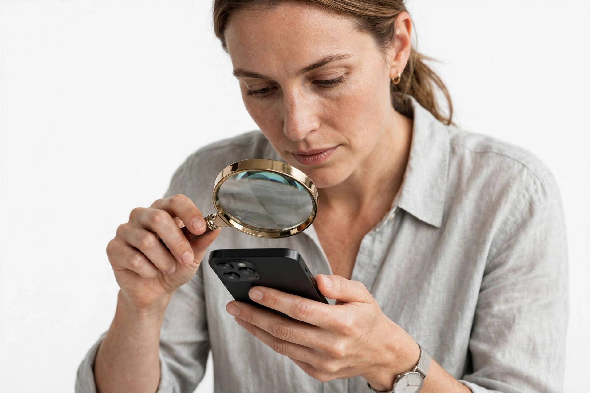 Person examining a smartphone with a magnifying glass for authenticity check