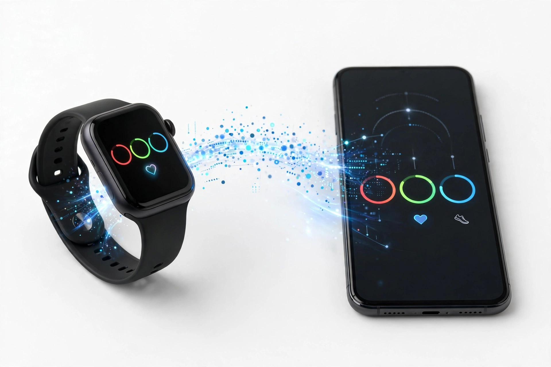 Smartwatch next to a smartphone transferring fitness data