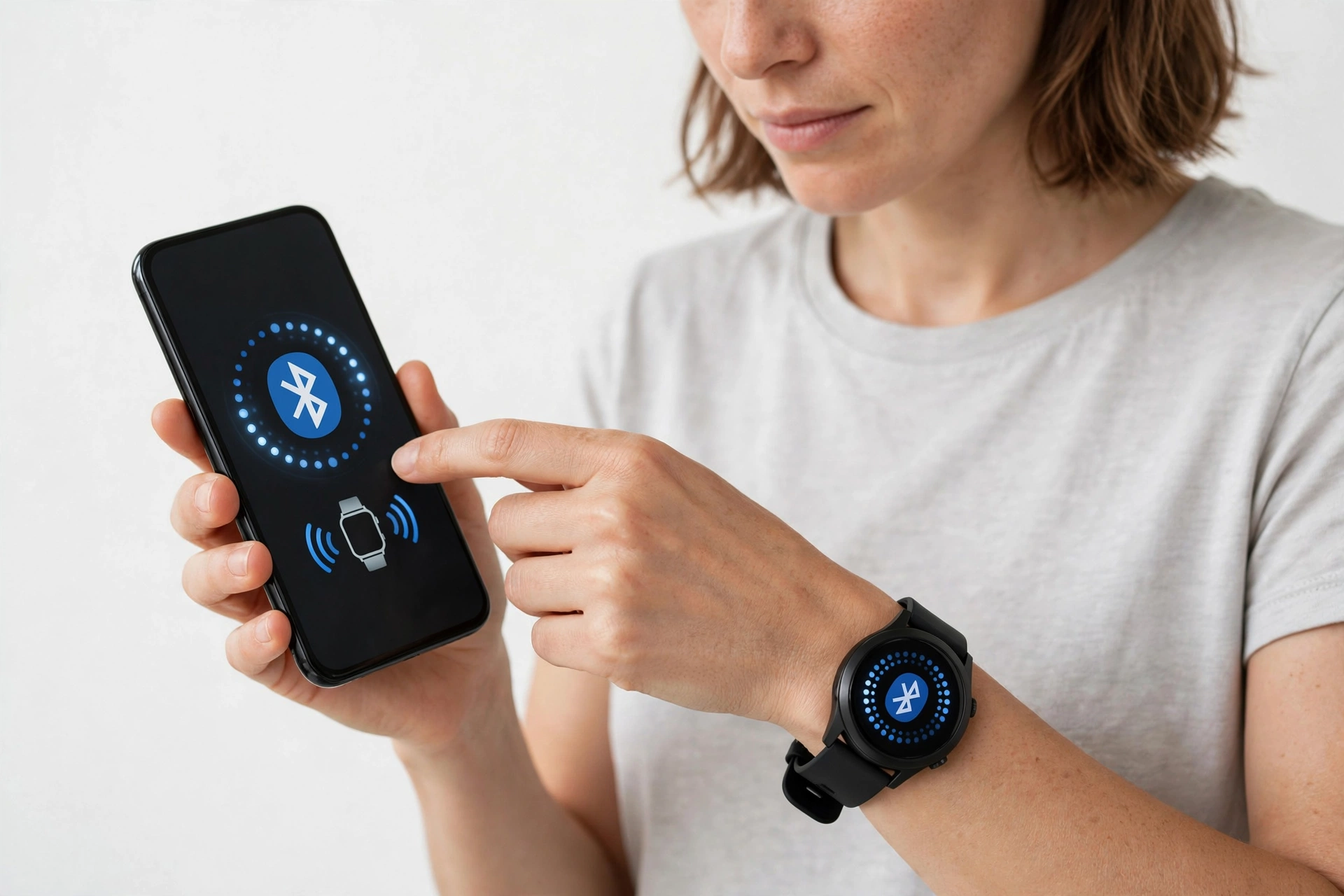 Person wearing a smartwatch pairing it with a smartphone