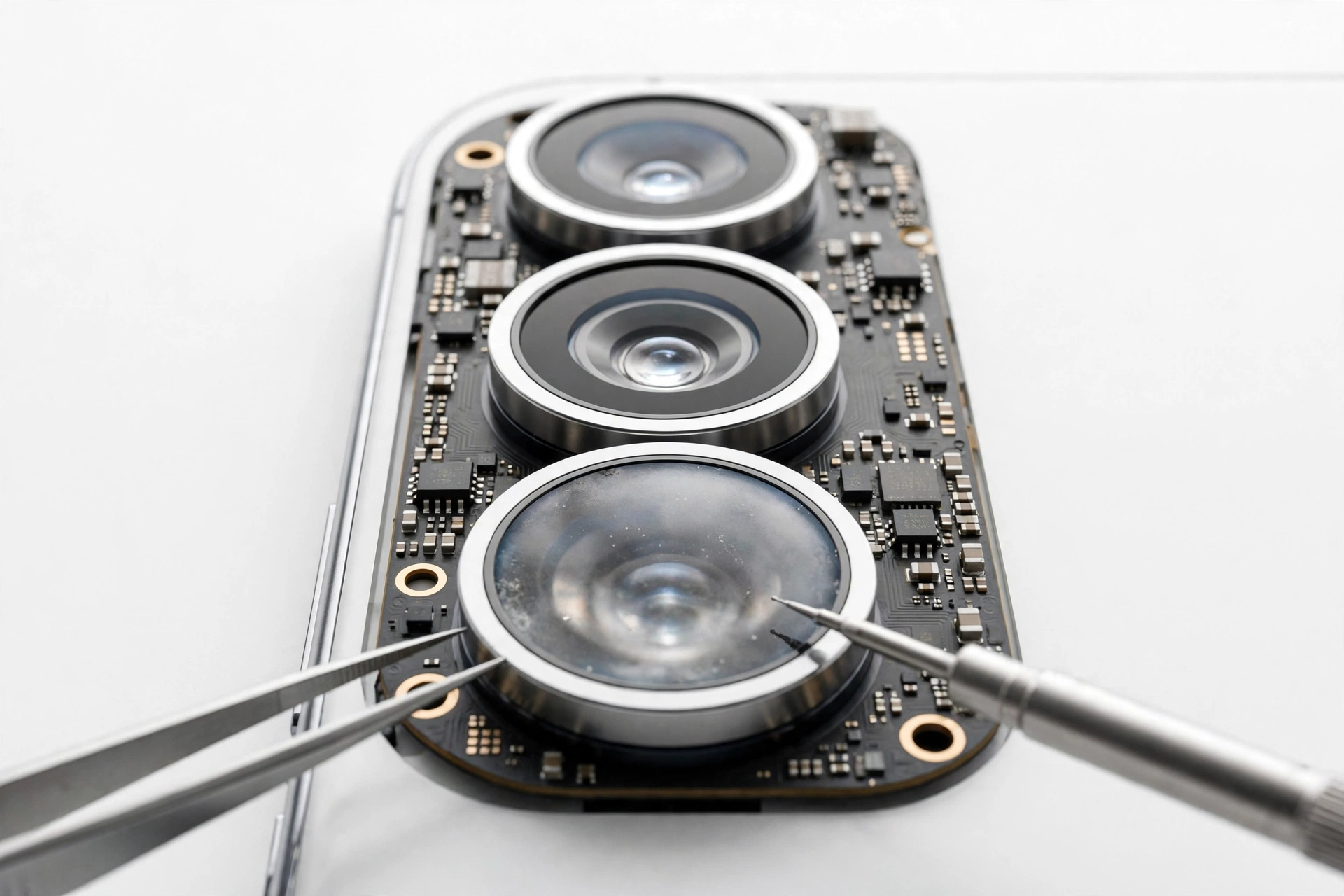 Close-up of a smartphone rear camera module being inspected for focus issues
