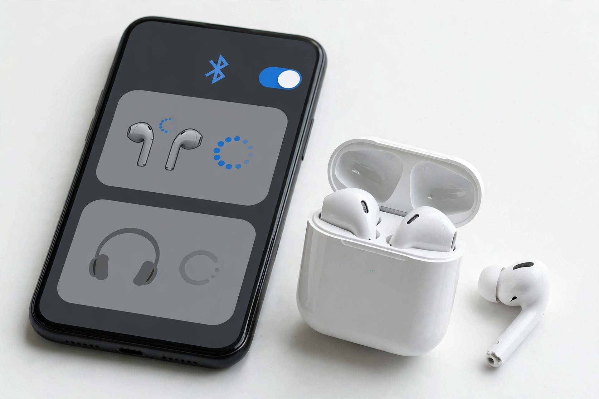 Smartphone Bluetooth settings screen with wireless earbuds nearby