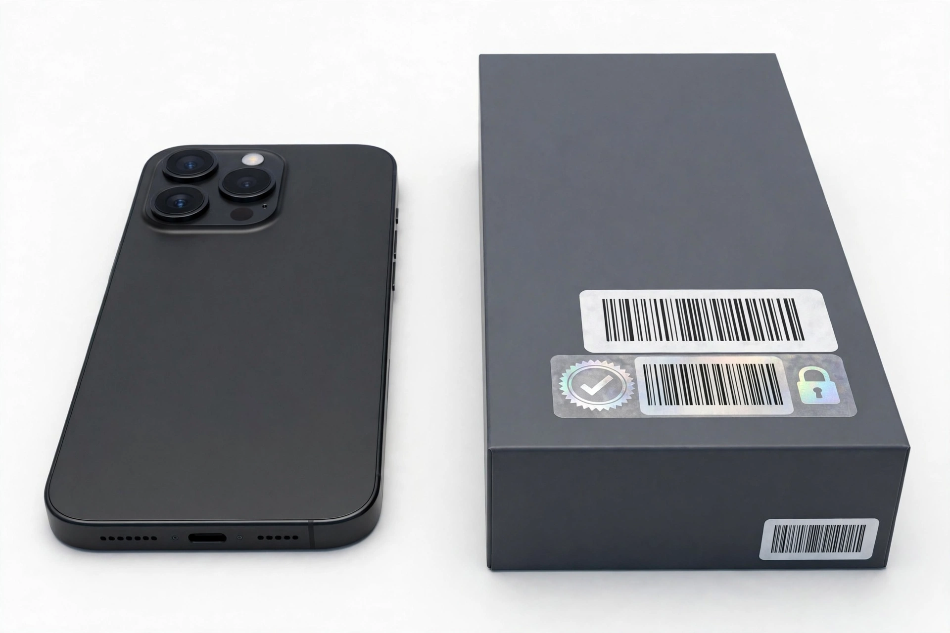 Smartphone next to its retail box with barcode and serial number verification label