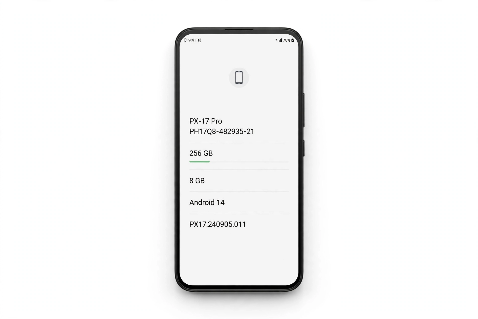 Smartphone about-phone settings screen showing model and serial number details