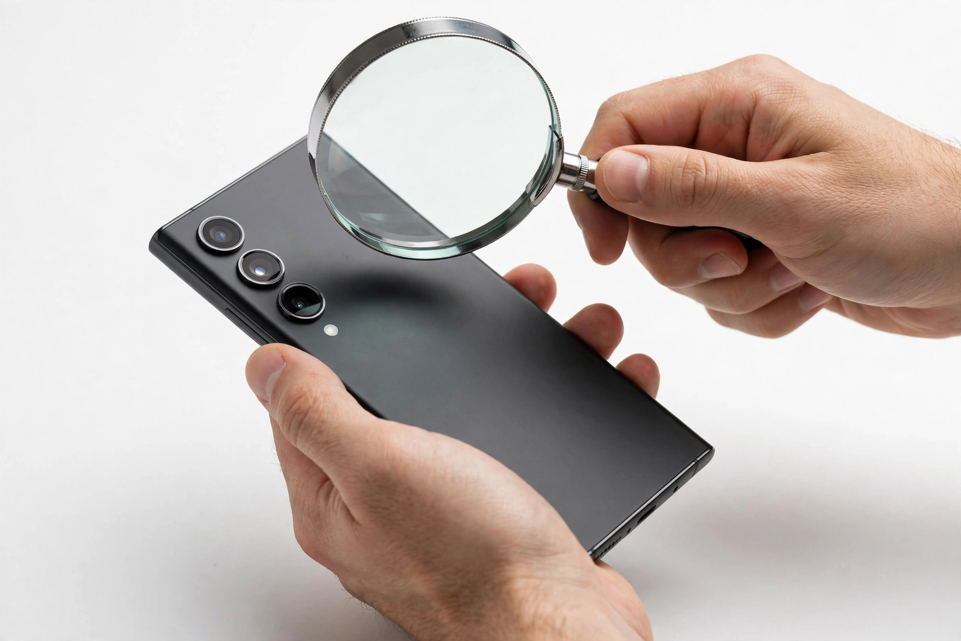 Hands examining Sony smartphone with magnifying glass for authenticity verification