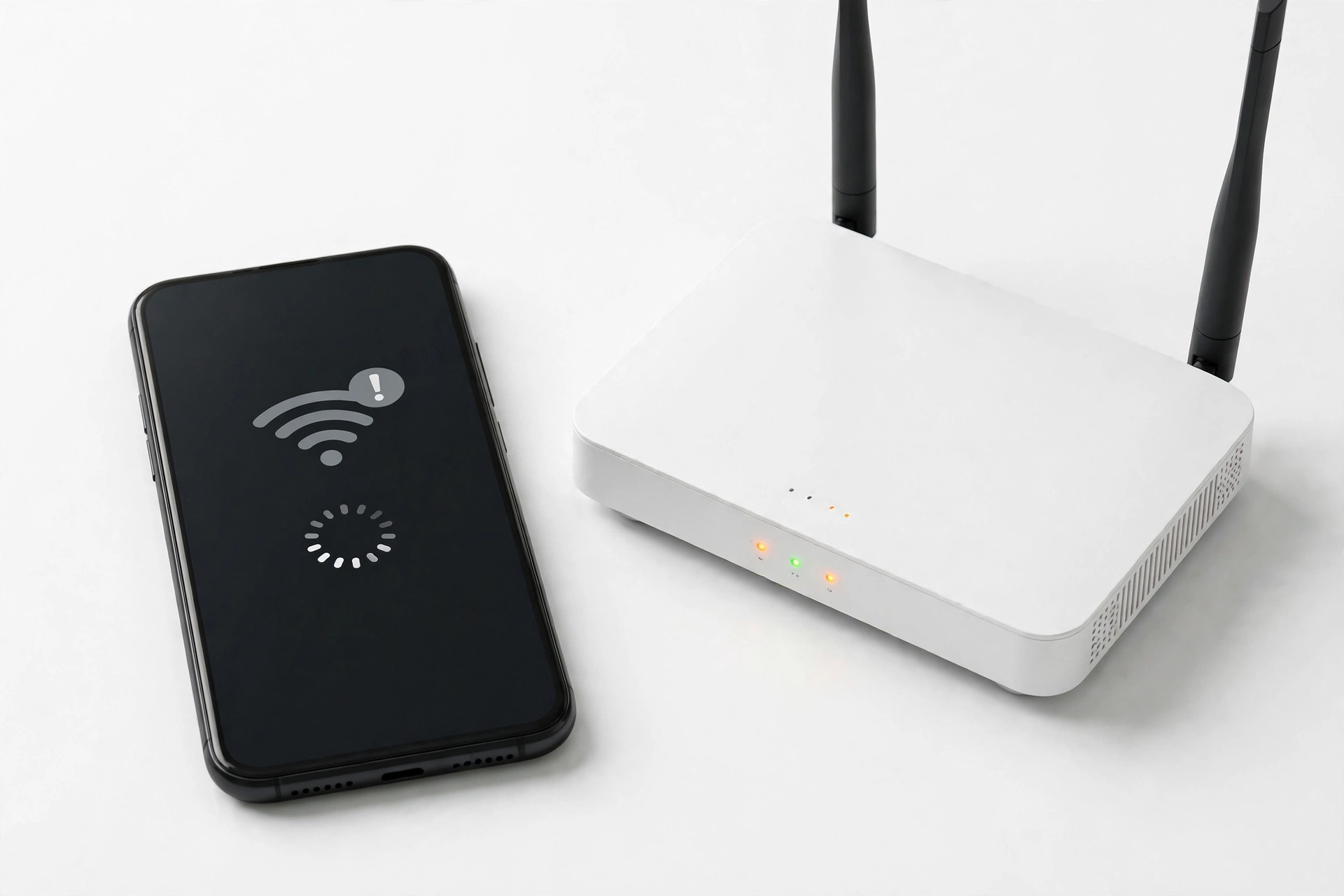 Smartphone next to a WiFi router, troubleshooting a wireless connection issue