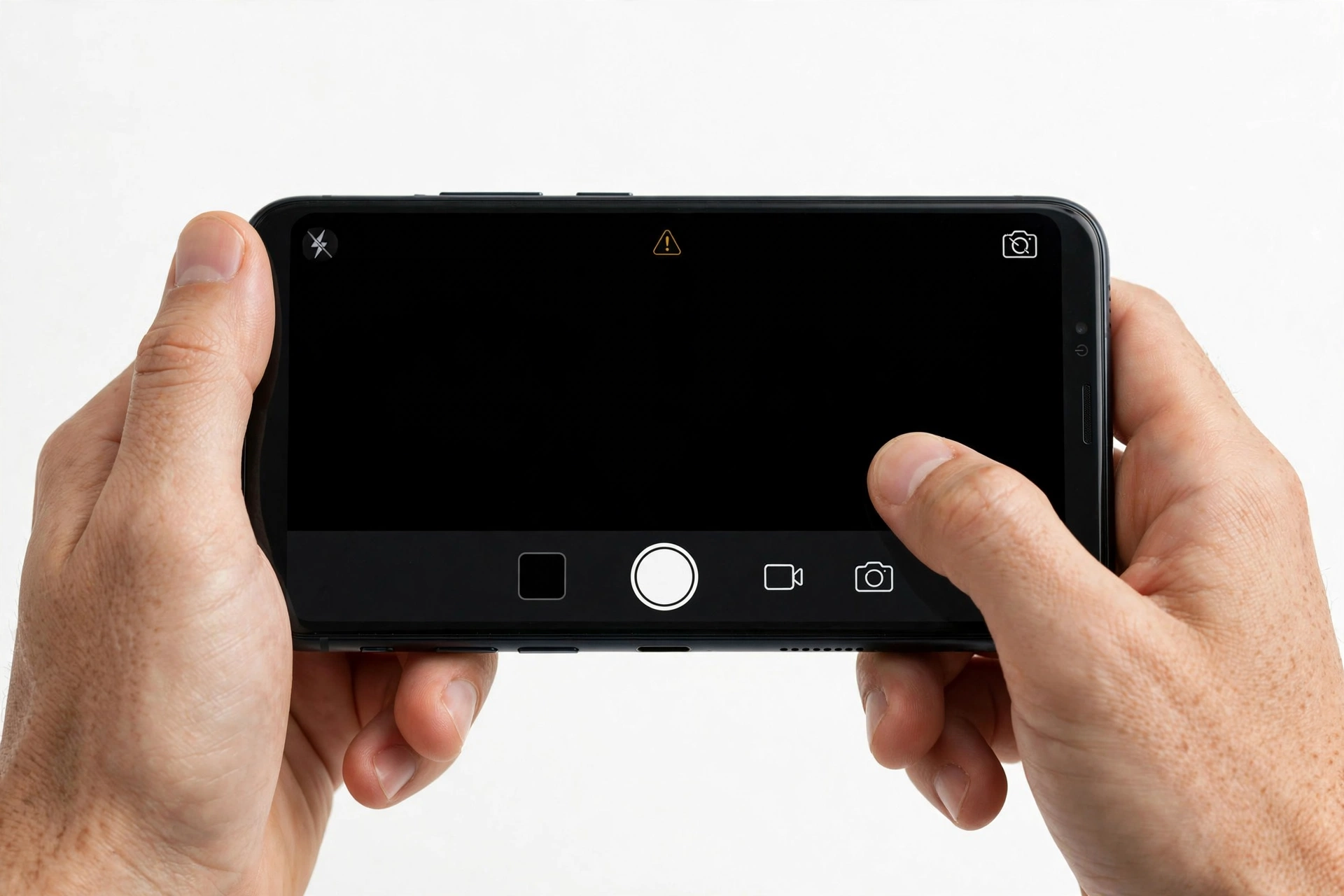 Hands holding smartphone with camera app open, troubleshooting a camera issue