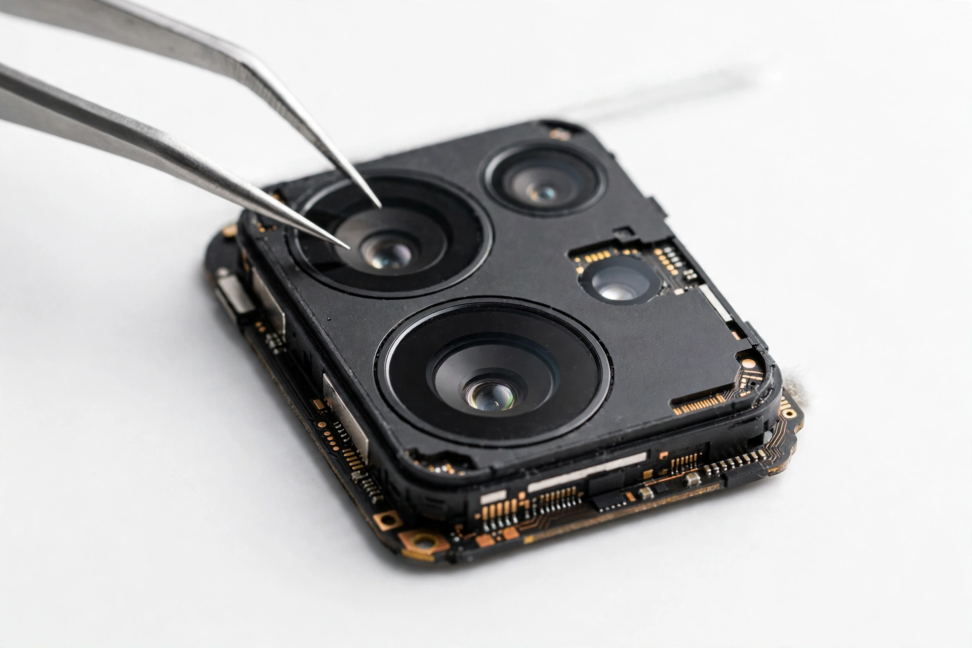 Close-up of smartphone rear camera module being inspected after a software update