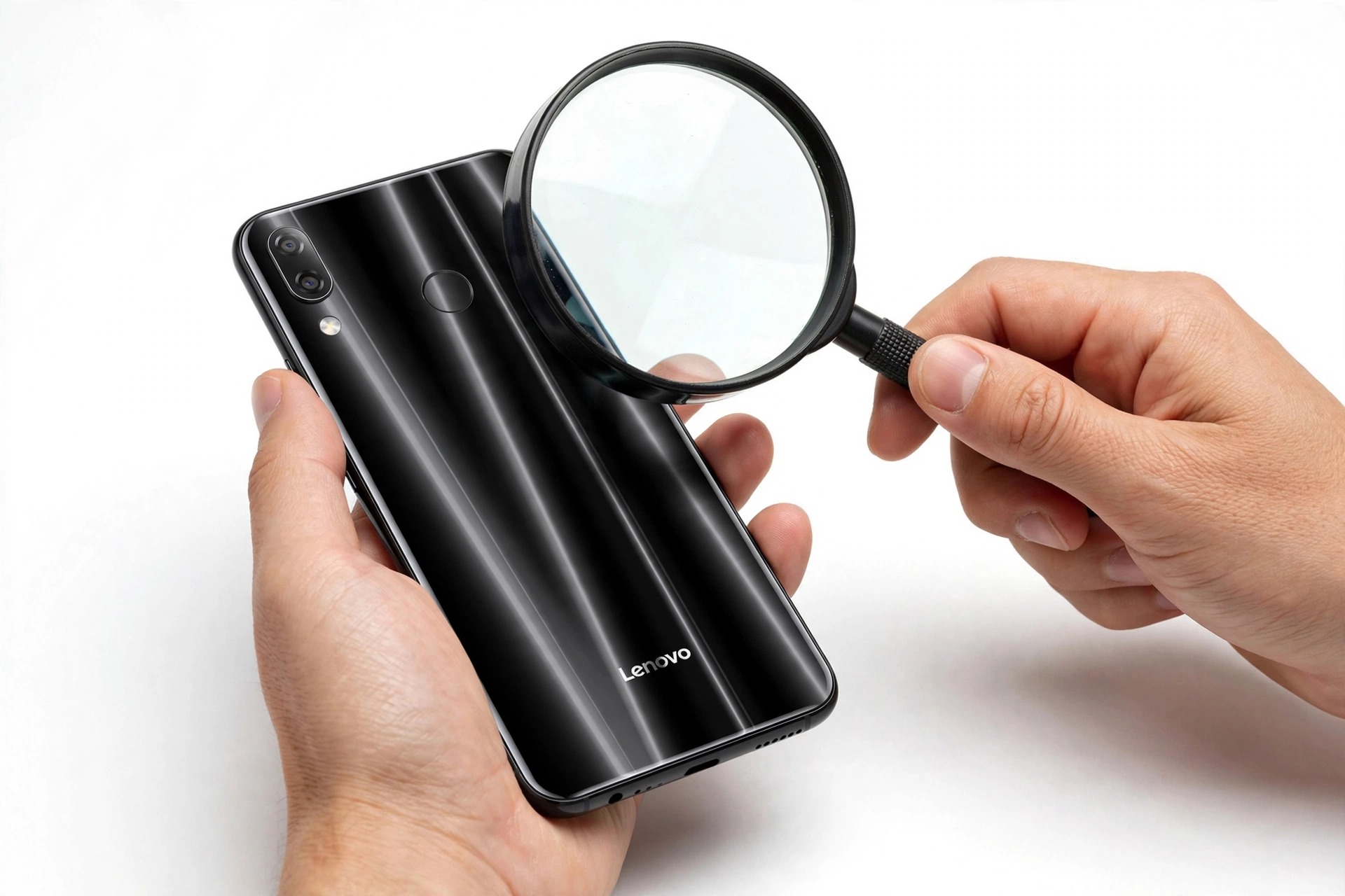 Hands examining a smartphone with a magnifying glass for authenticity verification