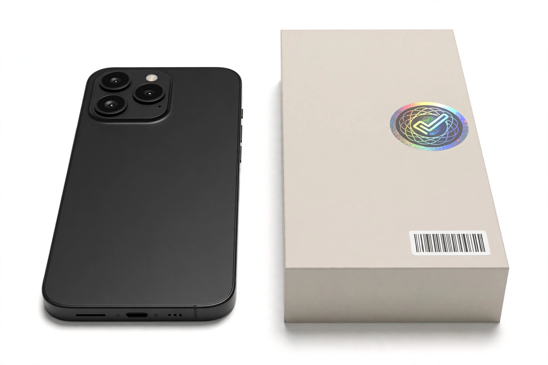 Smartphone next to its retail box with barcode and serial number verification labels