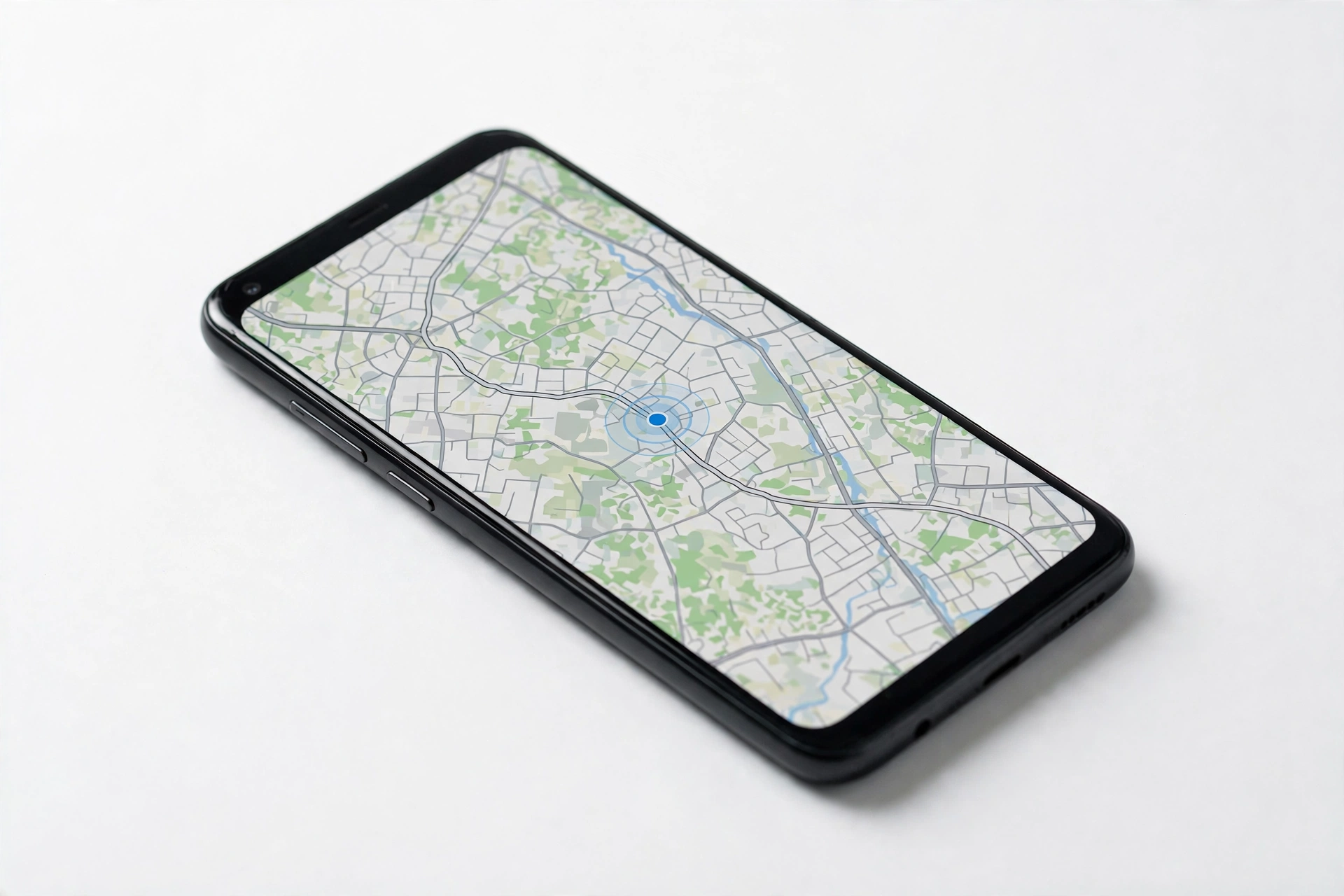 Smartphone displaying a GPS navigation map on its screen